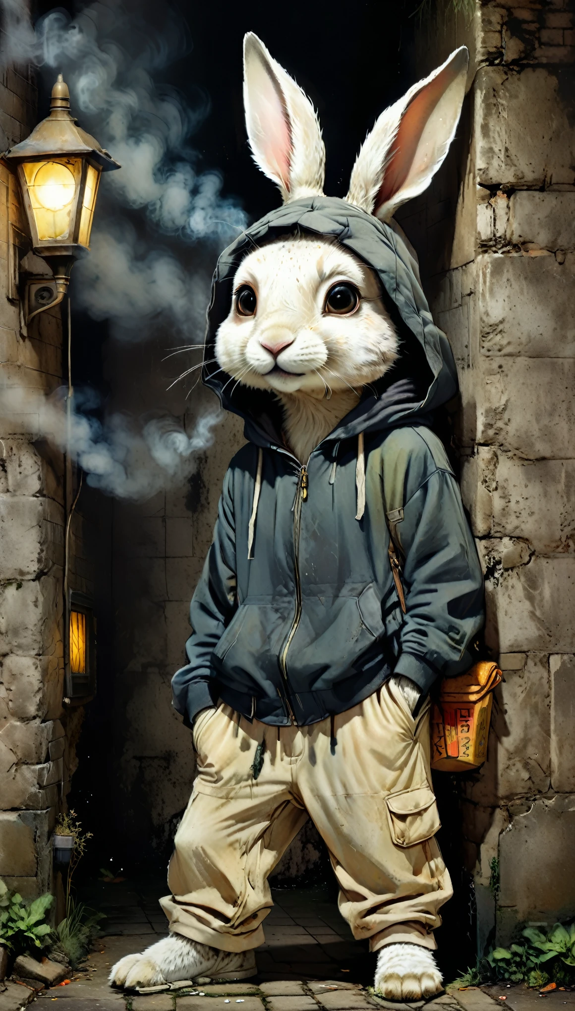 an anime rabbit wearing a hooded jacket, loose wide leg pants, very detailed and realistic, leaning against a wall, with one foot on the wall, in a dark alley little light, just one street lamp, crumbly soil, smoking a cigarette, UHD, masterpiece, anatomically correct, textured skin, Super detail, high details, high quality, Award Winning, best quality, highres, 16K