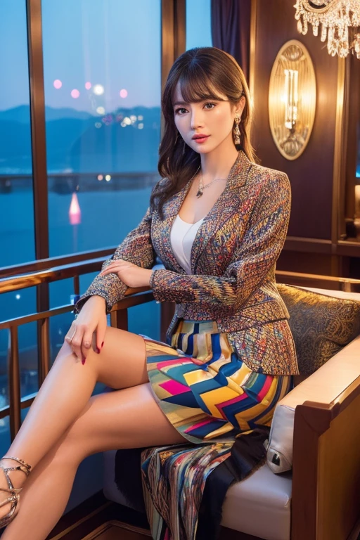 Geometric print blazer jacket、(Colorful Silk Blouse)、(Geometric midi skirt:1.2)、(Silk Pantyhose、High heels)、Super delicate face、Ultra-detailed eyes and face、double eyelid、Glossy Lips、1 girl 、You can see her beautiful skirt, legs and high heels、Two well-balanced legs、Perfect body、Perfect hands、((Perfect Anatomy、Anatomically correct))、Cleavage、(She is sitting inside a luxury cruise ship with a chandelier against a beautiful night view.)、Professional Lighting、((Best Quality、Ultra-high resolution、masterpiece))、Ultra-realistic、RAW Photos