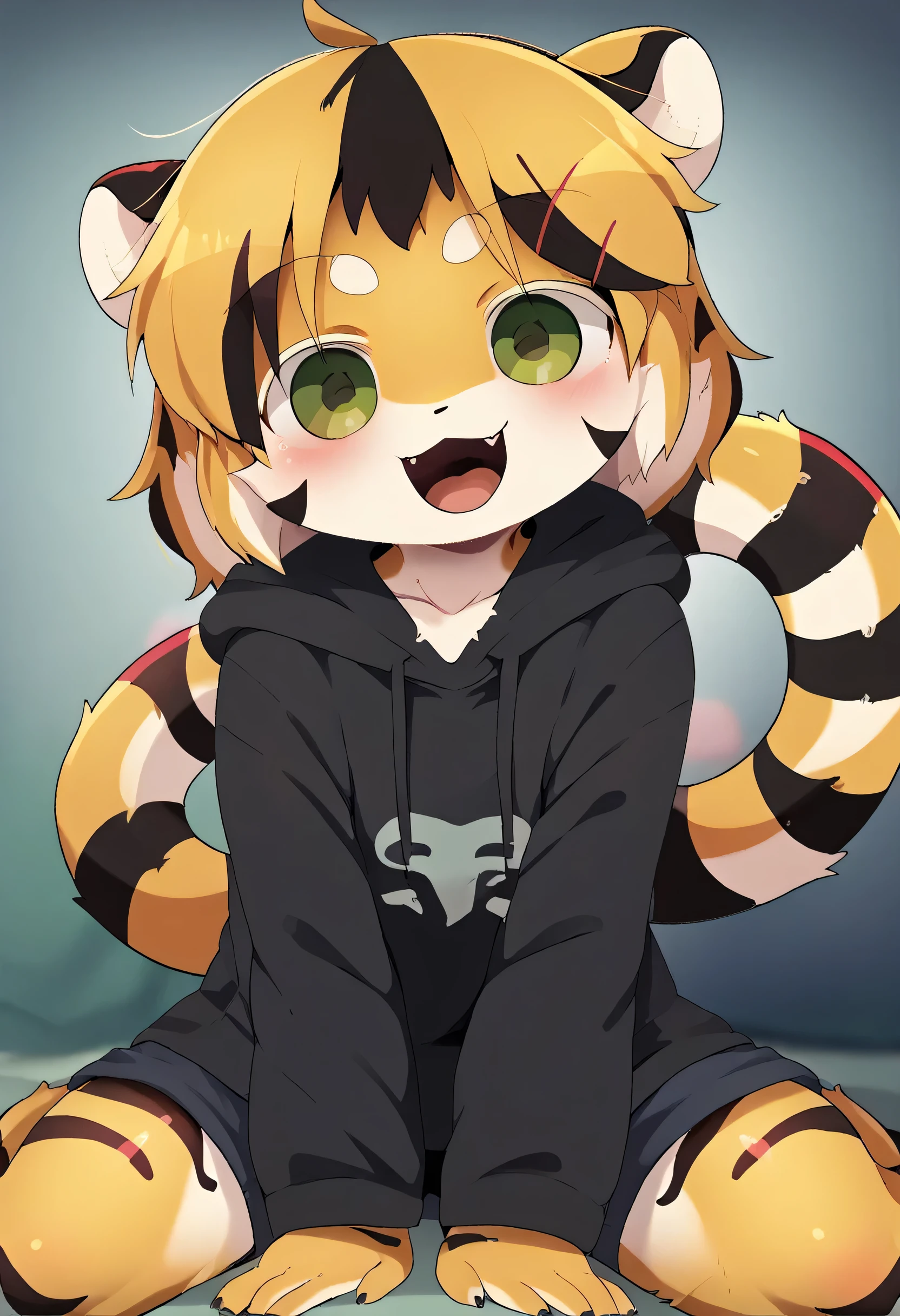 DEGASI, kohaku-chan, View from the front, hairy girl, a girl, happy, yellow and black striped hair, hands behind legs, green eyes, Black striped tiger girl with yellow fur, Black sports shorts, Black hoodie,  NSF, legs together, Closed legs, 8K quality,