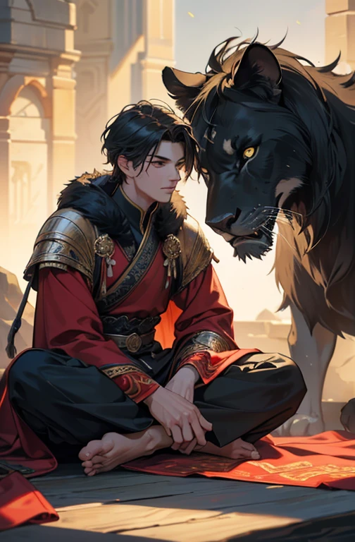 a 20 year old boy facing away in warrior attire,a 2 boy sitting as a king in front of him,a black lion with jade eyes sleeping beneath the king's feet,(best quality,4k,8k,highres,masterpiece:1.2),ultra-detailed,(realistic,photorealistic,photo-realistic:1.37),highly detailed portrait,cinematic lighting,dramatic shadows,vibrant colors,epic fantasy scene