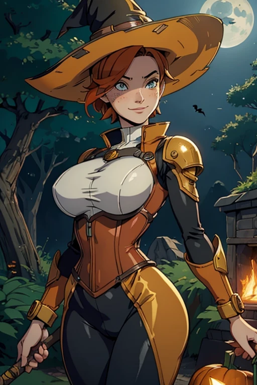 An orange haired female reaper with green eyes with an hourglass figure in yellow jumpsuit is  smiling while leaning forward with a big smile in a cemetery with a her scythe