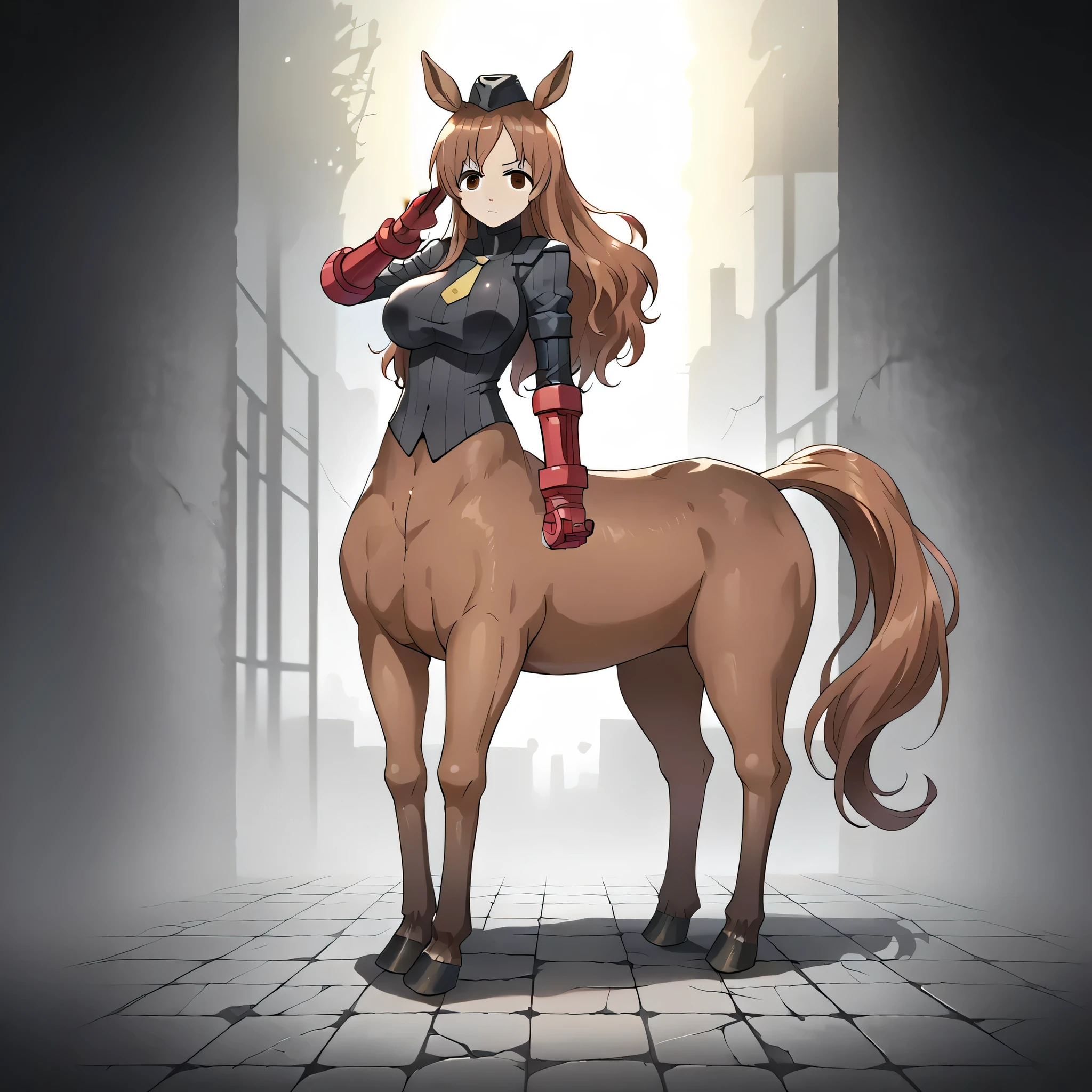 score_9, score_8_up, score_7_up, (An Anthro furry wolf girl, golden blonde furry body, tail, red hair, wolf snout, black nose, MaleniaDef, helmet, covered eyes, covered eyes, single mechanical arm, prosthesis), naked, nipples, majestically posing, simple brown background, rear view, hugging herself