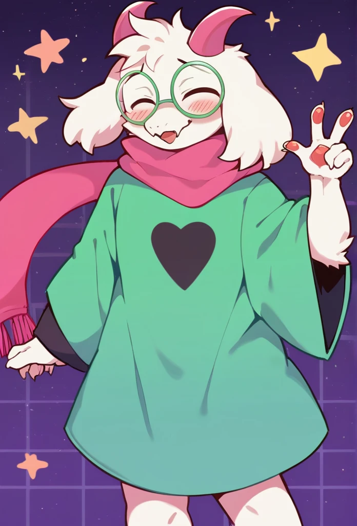  (score_9, score_8_up),furry, white fur, face, Ralsei(deltarune), goat, dark fur, pink horns, black sleeves, cute, green glasses, no hat, green shirt, standing, risht arma op with his hands holding a white star sign,pink scarf,open eyes, happy, smug face, {{Artist: %zankuro%}},  1furry, solo, blushing, male, 