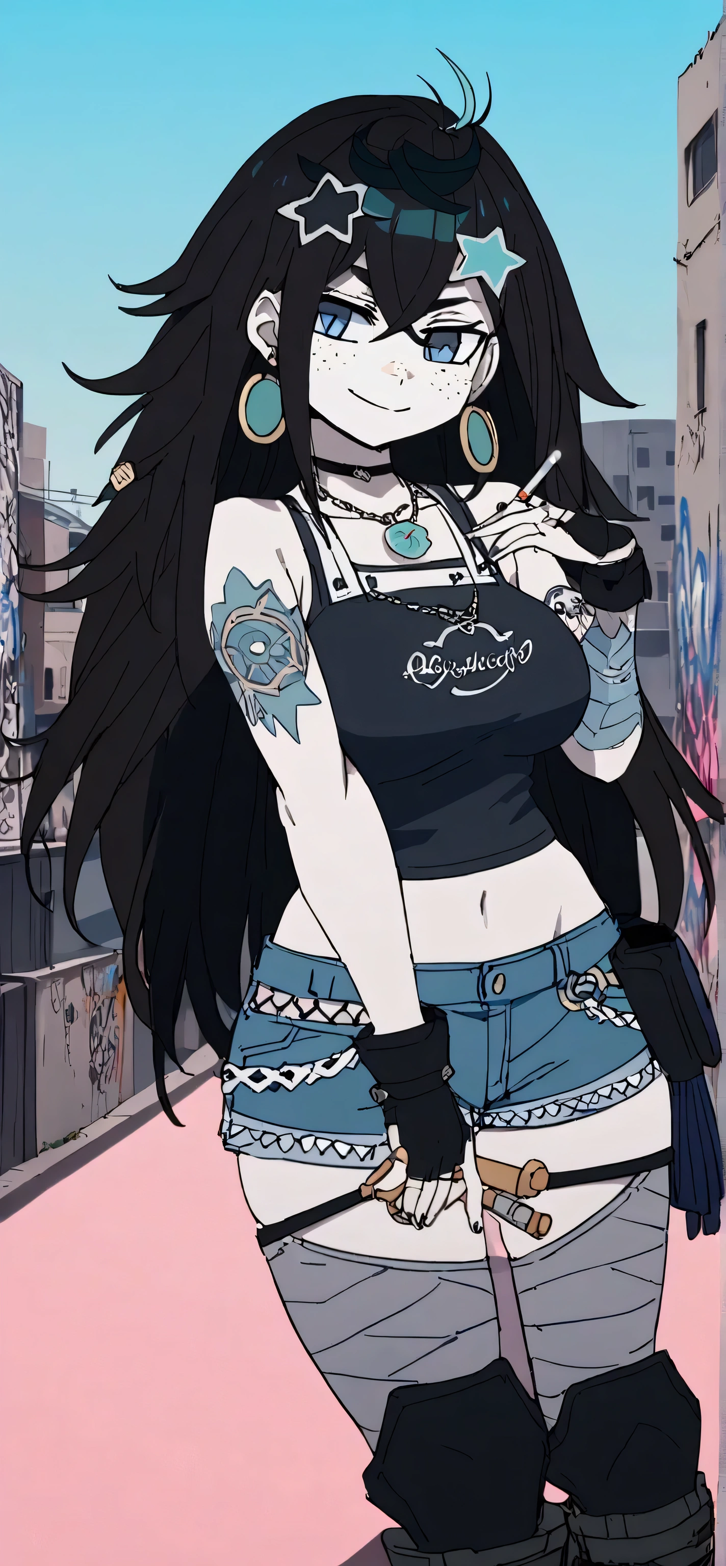 Female character with black hair with blue tips, long hair, straight hair, blue eyes, pale skin, blue star-shaped glasses, gray stockings, short blue shorts, a tattoo on her hip, freckles on her face, black gloves with bare fingers , metal hoop earrings, black short t-shirt with a bra, with a print of a rock heart, long blue boots, a moon pendant, ((a graffiti neighborhood background)), 2D, exposed shoulders, star-shaped glasses, cute design, comfortable body position, attractive face, adult body, big breasts, big breasts, calm smile, holding a cigarette in her right hand