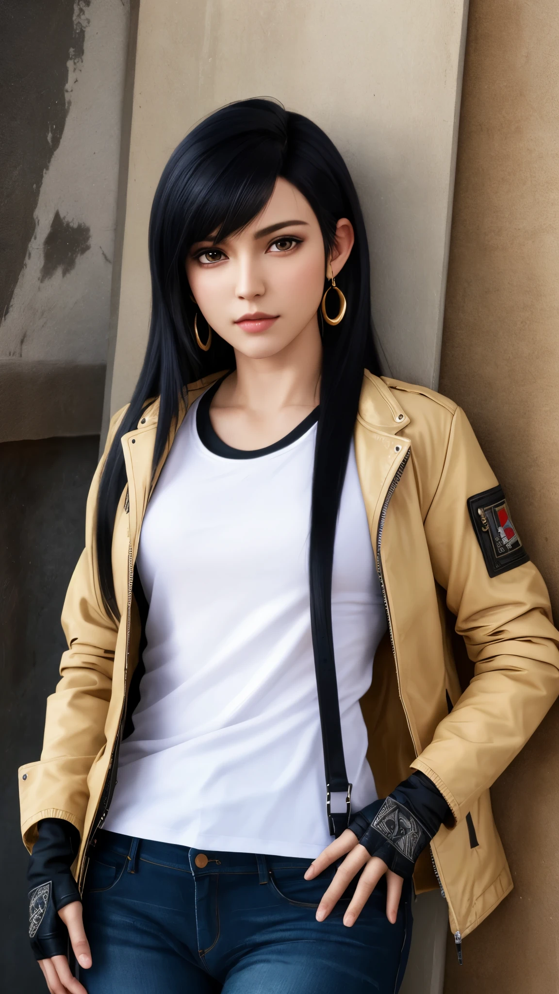 (masterpiece, best quality, high quality, highres), 1 , extremely beautiful and detailed face, 
Tifa, Tifa lockhart, final fonetasy, elbow pad, fingerless gloves, suspenders, upper body, looking at the viewer, white t-shirt, cute face, one, game, realistic, hyper-realistic, r34, ultra realistic, black hair, Long hair, straight hair, detailed hair, intricate details, highly detailed, photorealistic, jacket, wearing jacket, full long sleeves, black jacket,  denim ponets, full ponets,
