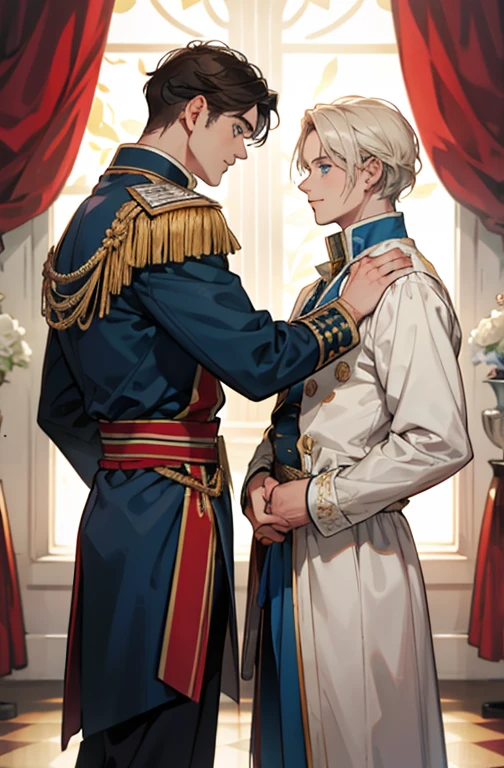 2 20 year old boys facing each other wearing royal clothes with blue eyes.