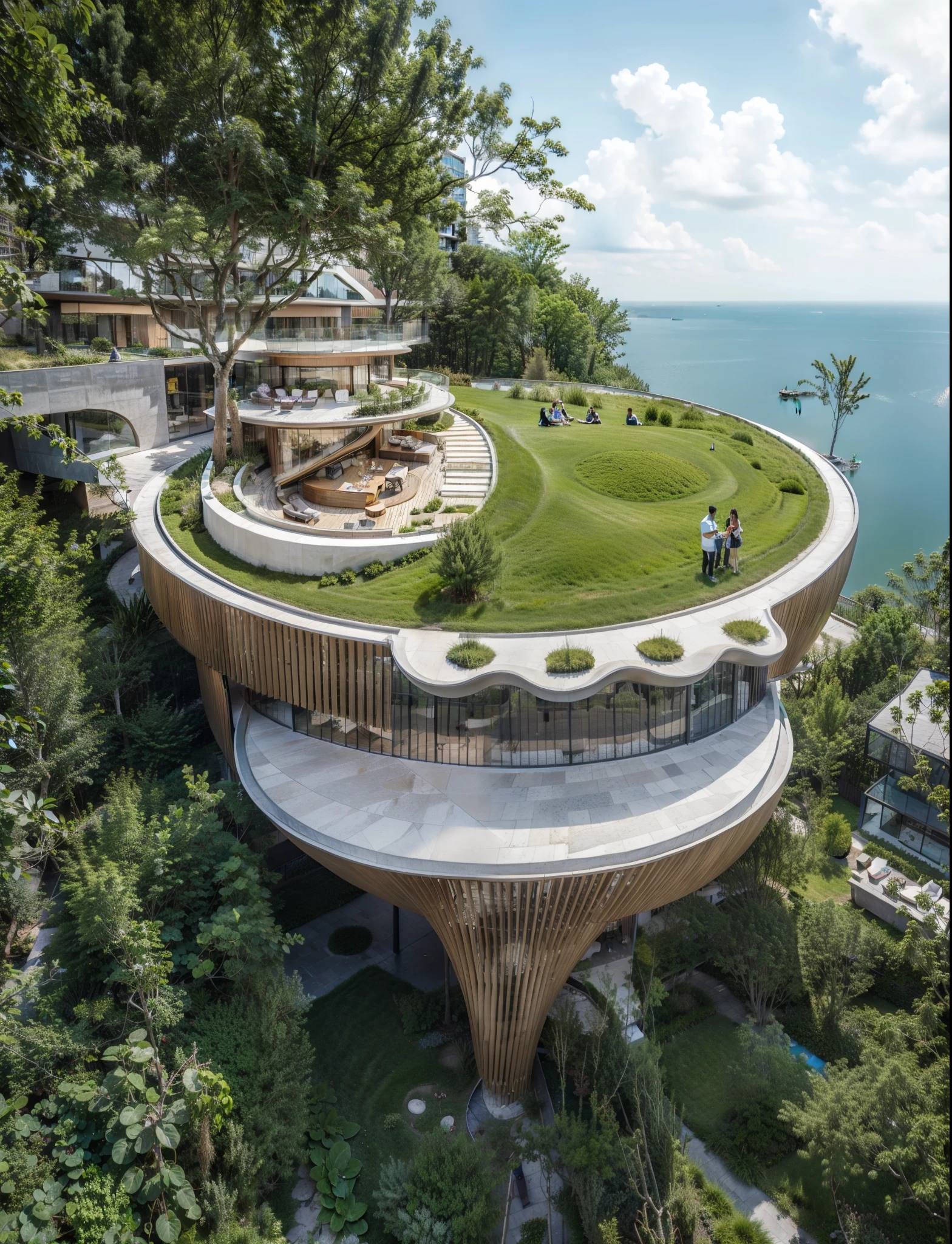 house on a black rock hanging cliff, the cliff is rocky, at the bottom there is flat grassland. the house is made in hut design , situated on lawn, on the lawn there is a beautiful small swimming pool. realistic, architectural render with beautiful clean sky