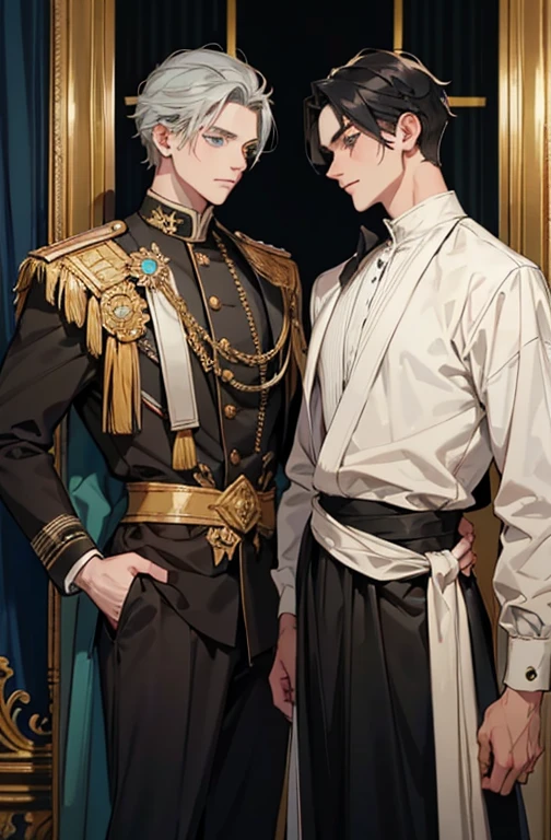 A 2 boy with blue eyes and tall black hair standing looking forward with his hands on his waist the boy in front around 20 years old green eyes gray hair holding a double crown in his hand in black and gold color.