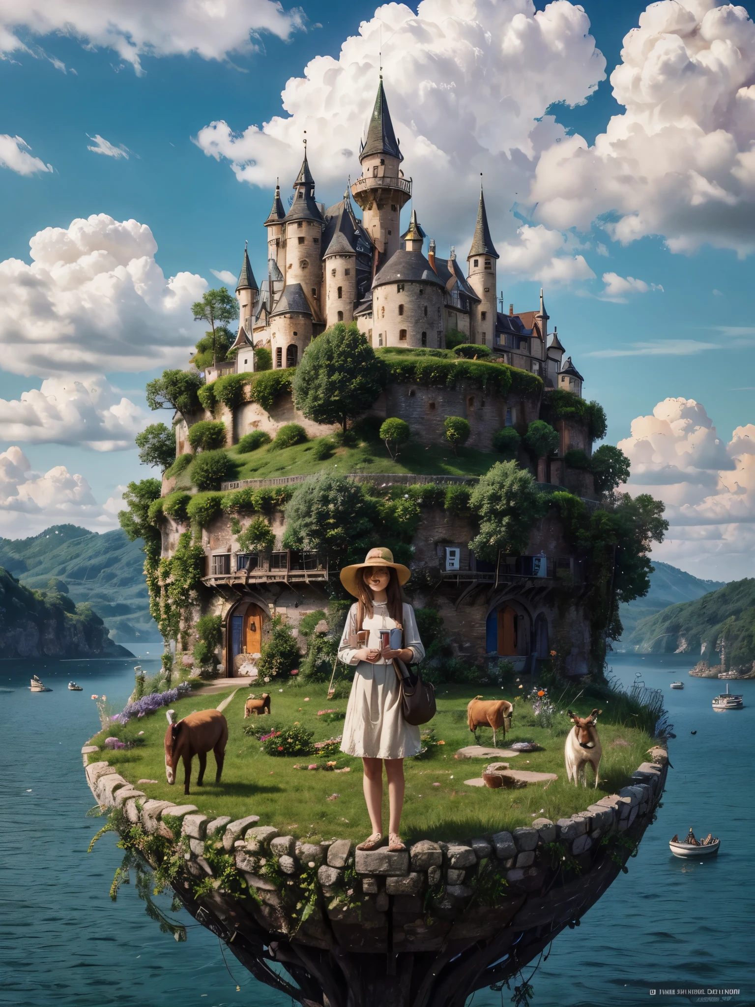 she's just a simple girl working on a farm. she lives in hard times., it's the dark ages. , crazy world, floating islands, cloud castle, (best quality:1.3), (highres:1), (detailed:1.3), (incredible:1.3), (perfect:1.3), (perfection:1.3), (volume cover art:0), (illustration:1.3), art by studio ghibli