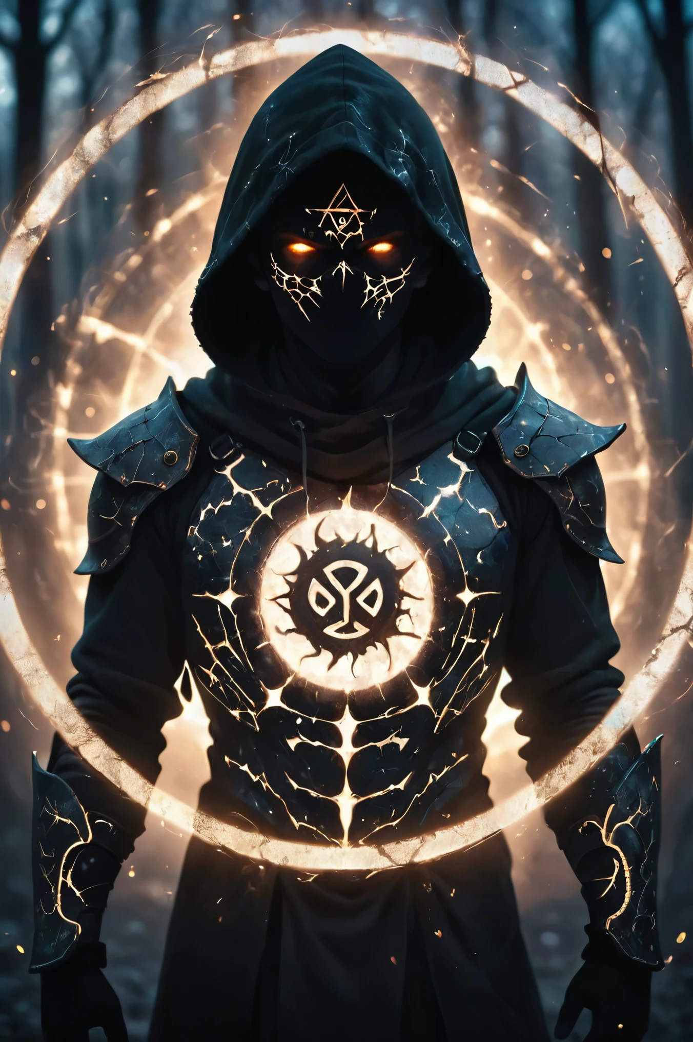 Dark ghostly silhouette of a man. Messenger of Gaa. cracked skin. light armor. cracked armor. Canvas hood. rune circle. elements. Strength from within. glowing eyes. bokeh blur. ral-dissolution.BadDream фотореалистичный, close up of face