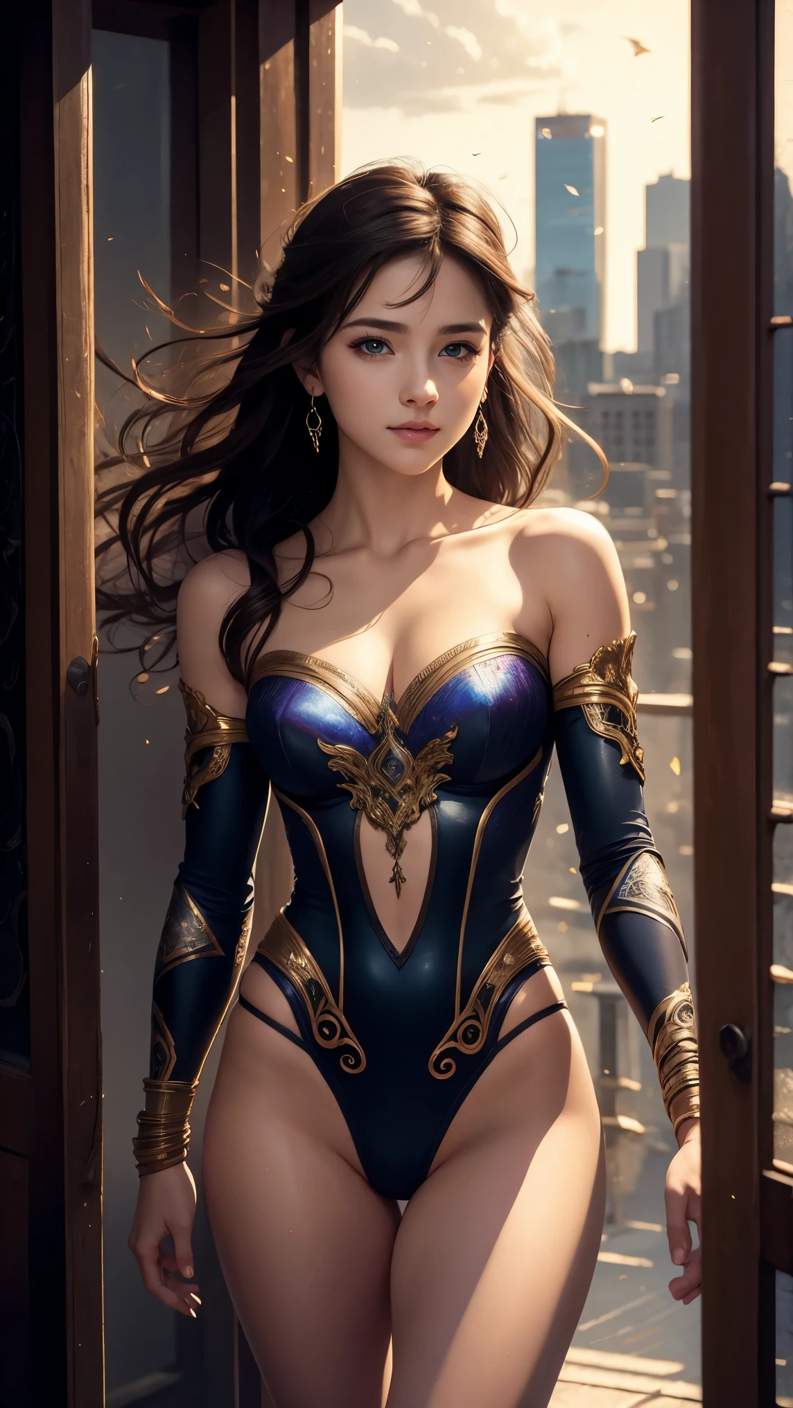 Kristen Bell、Sticking out the navel、newyork、She wears a torn Spider-Man suit,wearing a skirt、abstract photorealistic、artistic、Alphonse Mucha's painting(masterpiece、highest quality、High resolution:1.4)、detailed、複雑なdetailed、In 4K、color splash、line drawing、fibonacci、