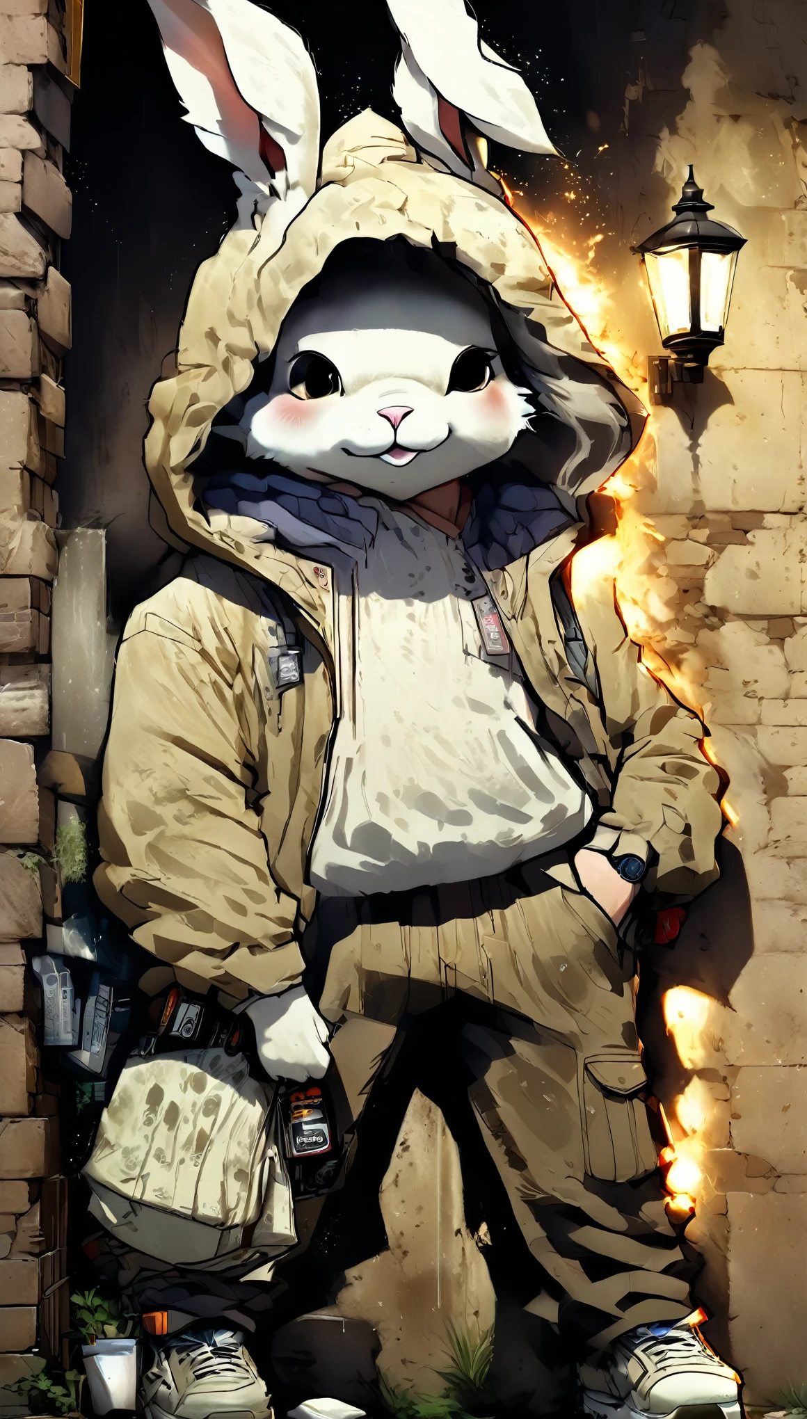 An anime rabbit wearing a hooded jacket., wide and loose pants, very detailed and realistic, Leaning against a wall, with one foot on the wall, In a dark alley there is a small light, Just a street lamp, crumbled soil, smoking a cigarette, Ultra High Definition, masterpiece, anatomically correct, textured leather, Super detail, High details, high quality, Award Winner, The best quality, highres, 16K