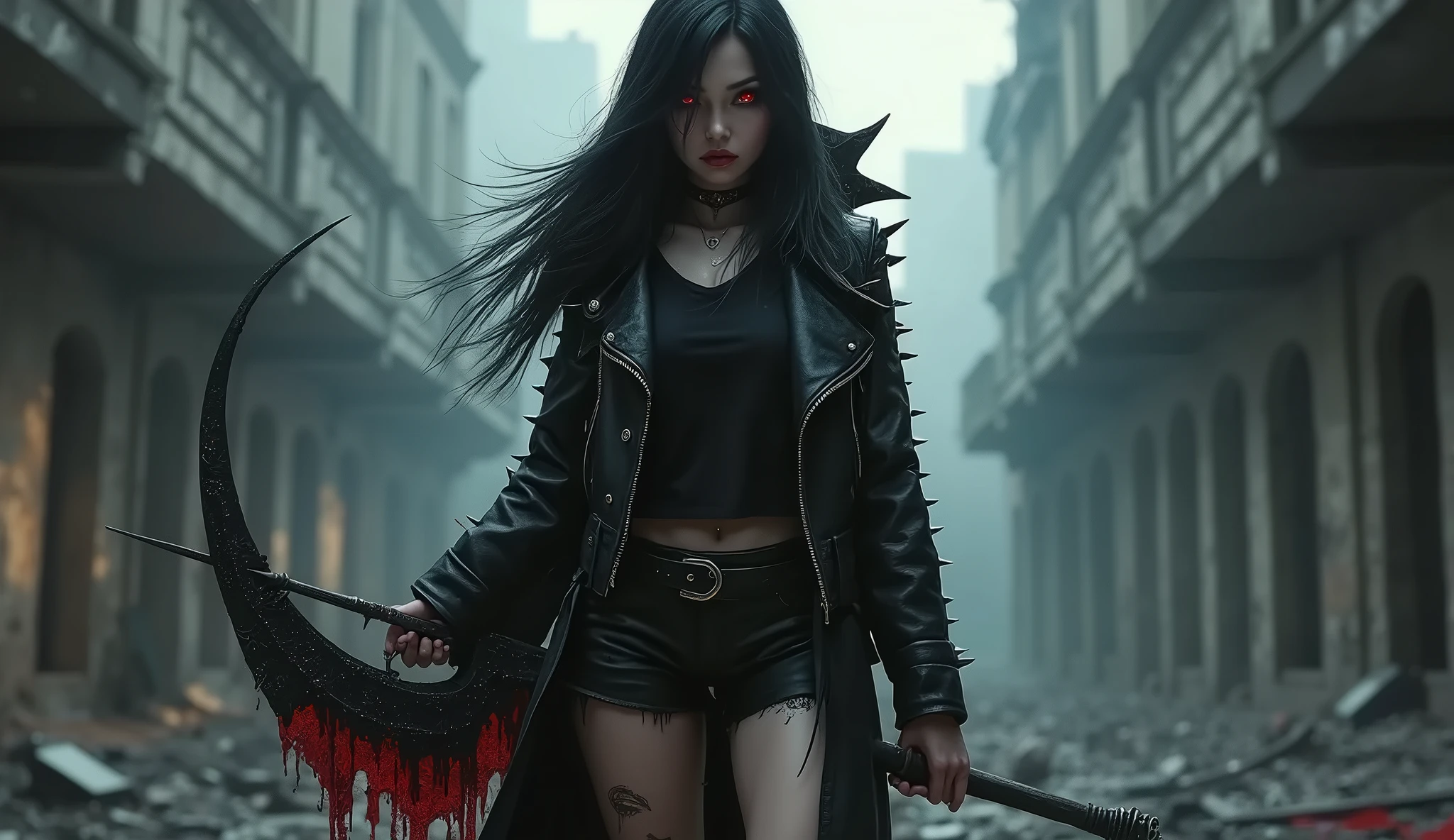 Corrupted Female Batman Hottie, Full length , Realistic Pistol with blood stains in hand , Crazy smile , Evil grimace , High detail , Cinematic image , Toxic black hair , Detailed teeth , Blood-colored gums , Bloody mouth , Crazy stare , Evil stare , Wiry , Vignette , Dark background , Flames in the background , HDR , 4K textures , horror atmosphere