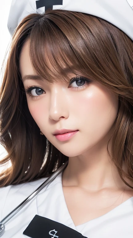 (Photorealistic:1.4, 8k), Please redeem, masterpiece, Ultra-high resolution, Perfect dynamic composition, Big Face、Round face、((Light brown hair:1.4、Half Up:1.4))、Highly detailed skin and face textures:1.3, Limb details, 1 girl, Cute and sexy 30 year old Japanese woman, (Sunburned skin:1.2), ((It will totally charm you:0.9)), ((Nurse costume, Nurse cap)),Medium Chest, (Look away、Beautiful Eyes, Black Eyes, Beautiful erotic eyes:0.85), Sexy Face:0.4, (Mouth closed、Small Mouth、Thick lips、A taste of beautiful eroticism:0.85), ((So cute beauty:0.9))、Natural Makeup、((Extreme close-up))