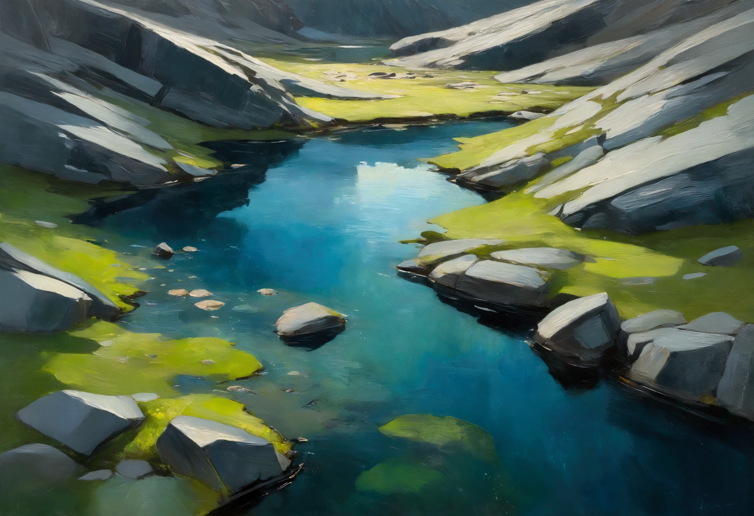 a thick textured oil painting, impasto brushstrokes, dry brushing,revealing underlayers, abstract landscape, moody lighting, dramatic shadows, there is a small pond in the middle of a rocky area, nordic landscape, norwegian landscape, taiga landscape, lapland, in a vast serene landscape, inspired by Eero Järnefelt