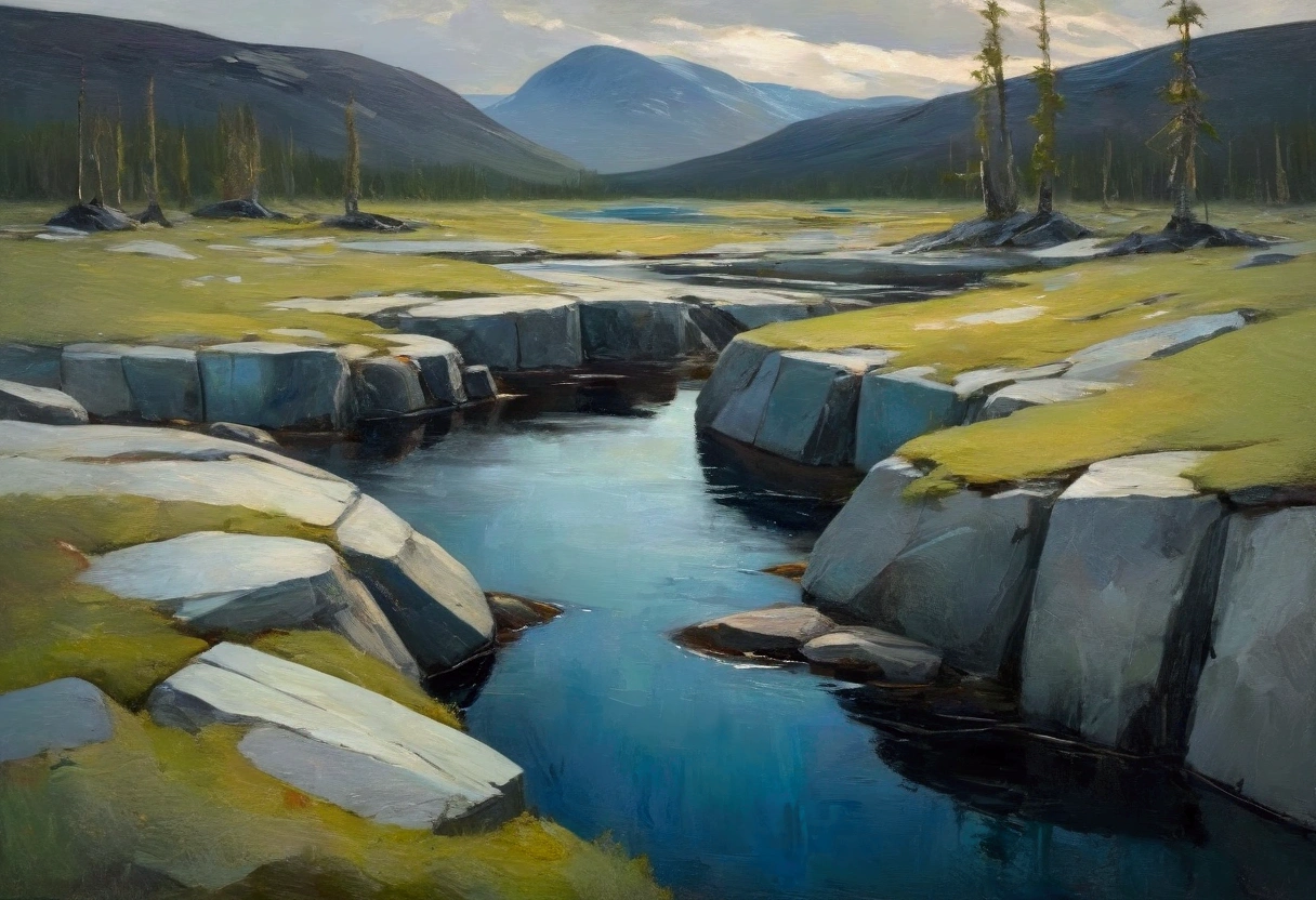 a thick textured oil painting, impasto brushstrokes, dry brushing,revealing underlayers, abstract landscape, moody lighting, dramatic shadows, there is a small pond in the middle of a rocky area, nordic landscape, norwegian landscape, taiga landscape, lapland, in a vast serene landscape, inspired by Eero Järnefelt