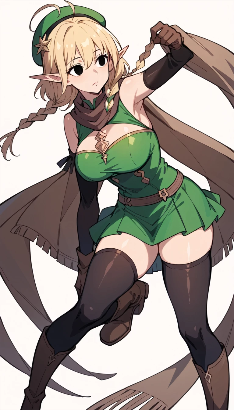 Parisian,1mature woman,elf,Short Hair,twin braids,ahoge,blonde,(slender),Big Breasts,Tall,empty eyes,Black Eyes,brown gloves,Black elbow gloves,((black thigh highs))、Small black beret、Brown scarf、green crop top,sleeveless,green mini skirt,brown knee boots,Thin thighs,isekai,fantasy,full body,From the side、From behind