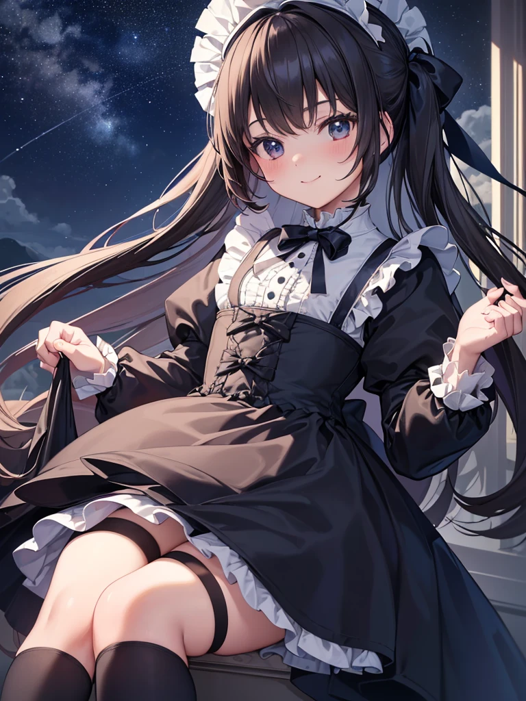 Cute lolita with cat ears，Long black hair，Black Princess Dresses，Black gloves，No shoes，black knee-length stockings，Severe，Starry sky background