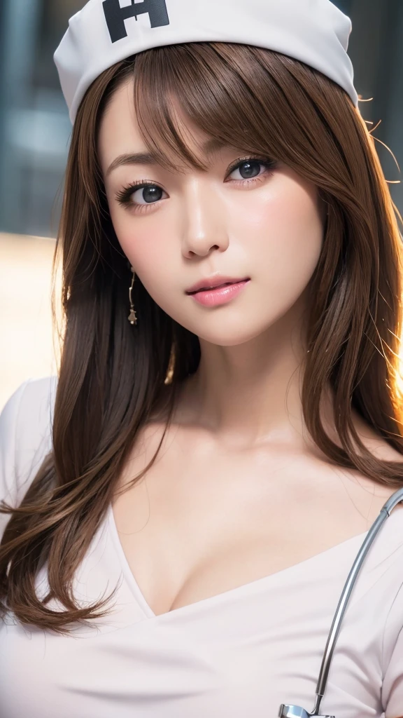 (Photorealistic:1.4, 8k), Please redeem, masterpiece, Ultra-high resolution, Perfect dynamic composition, Big Face、Round face、((Light brown hair:1.4、Half Up:1.4))、Highly detailed skin and face textures:1.3, Limb details, 1 girl, Cute and sexy 30 year old Japanese woman, (Sunburned skin:1.2), ((It will totally charm you:0.9)), ((Nurse costume, Nurse cap)),Medium Chest, (Look away、Beautiful Eyes, Black Eyes, Beautiful erotic eyes:0.85), Sexy Face:0.4, (Mouth closed、Small Mouth、Thick lips、A taste of beautiful eroticism:0.85), ((So cute beauty:0.9))、Natural Makeup、((Extreme close-up))