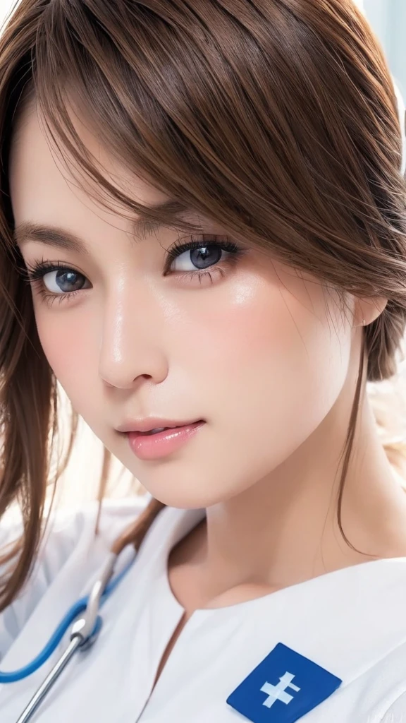 (Photorealistic:1.4, 8k), Please redeem, masterpiece, Ultra-high resolution, Perfect dynamic composition, Big Face、Round face、((Light brown hair:1.4、Half Up:1.4))、Highly detailed skin and face textures:1.3, Limb details, 1 girl, Cute and sexy 30 year old Japanese woman, (Sunburned skin:1.2), ((It will totally charm you:0.9)), ((Nurse costume, Nurse cap)),Medium Chest, (Look away、Beautiful Eyes, Black Eyes, Beautiful erotic eyes:0.85), Sexy Face:0.4, (Mouth closed、Small Mouth、Thick lips、A taste of beautiful eroticism:0.85), ((So cute beauty:0.9))、Natural Makeup、((Extreme close-up))