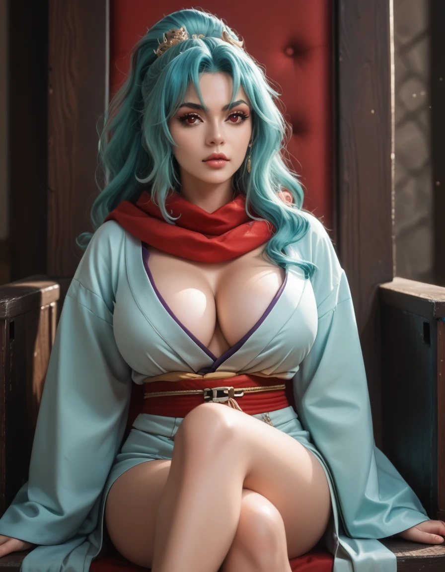 Score_PnyReal,BREAK,1girl, solo, (huge breasts,large breasts:1.2),long eyelashes,thick_lips,(PDXL2:1.5), TOMOE, RED SCARF, KIMONO GREEN, RED EYES, AQUA HAIR ,1girl, sitting high on a throne, regal expression, long elegant hair, tasteful makeup, 