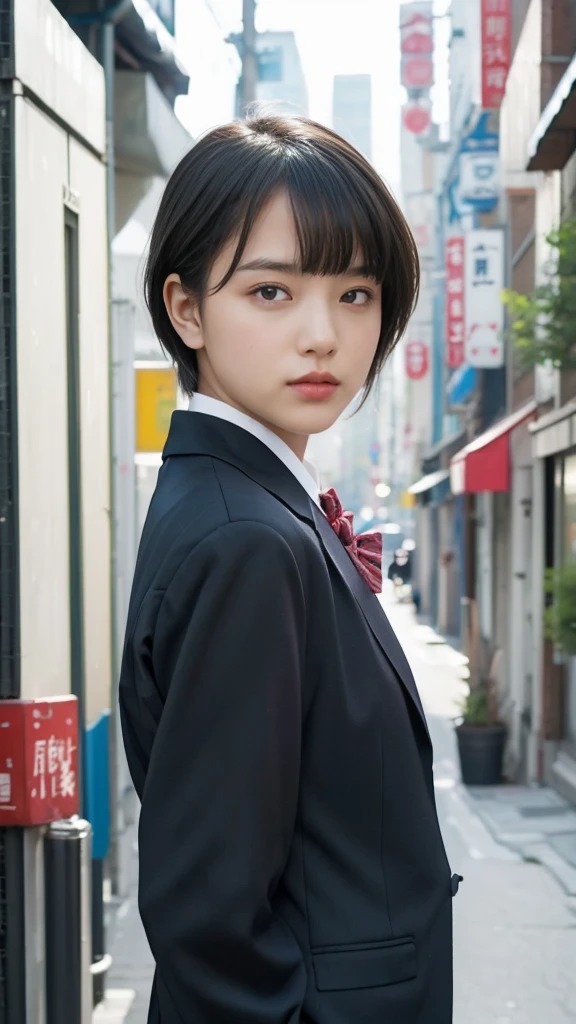 woman、Criminal、(Japanese high school student blazer uniform), Center parted super short black hair、Cool vibe、Close your eyes tightly、Slanted Eyes、Threatening、Looking at the camera、Perfect Style、High image quality、High resolution、High resolution, masterpiece, Anatomically correct, 超High resolution, Textured Skin, Alone, Police station in the background、Angle from the front、