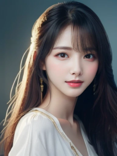 ((photoRealistic:1.3)),((Super detailed)),((sharp:1.5)),1 Female,2, Alone, Black Hair, Long Hair, original, Realistic, Staring at the audience, Upper Body, shirt, white shirt,lips, Brown Hair, Open lips, See photo, Real Life, Simple Background, No makeup, Pink Lips, Blue background, Gray background, Look to the side, lipstick, dress,shadow, Parted bangs.((8k)),((Upper Body)),((slender)),Wearing a white blouse