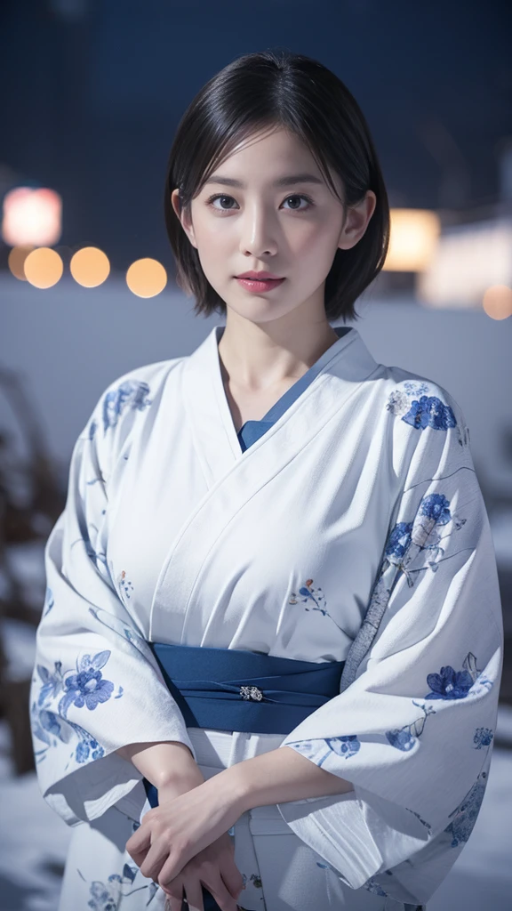 High image quality、High resolution、masterpiece、Wide Angle Shot、Snow Woman、woman、Age 40、A snowstorm night deep in the mountains、Snowy landscape、（All White、、Yukata、kimono）、Yokai、Black Hair、Center parted very short hair、god々Shii、Large Breasts、Perfect Style、Cool look、The corners of the eyes have risen、Pull Configuration、Long face、blue lips、Reflected Light, 