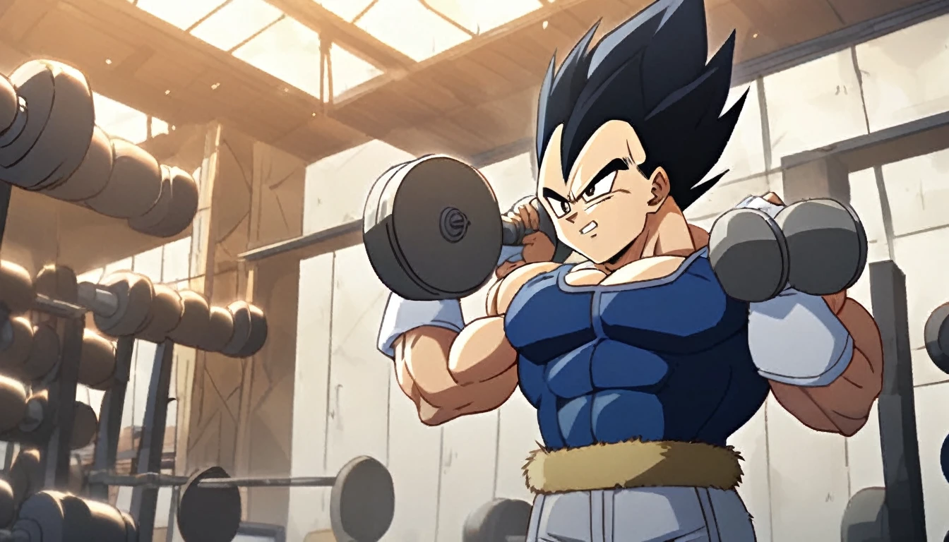 vegeta in gym lifting giant dumbbells