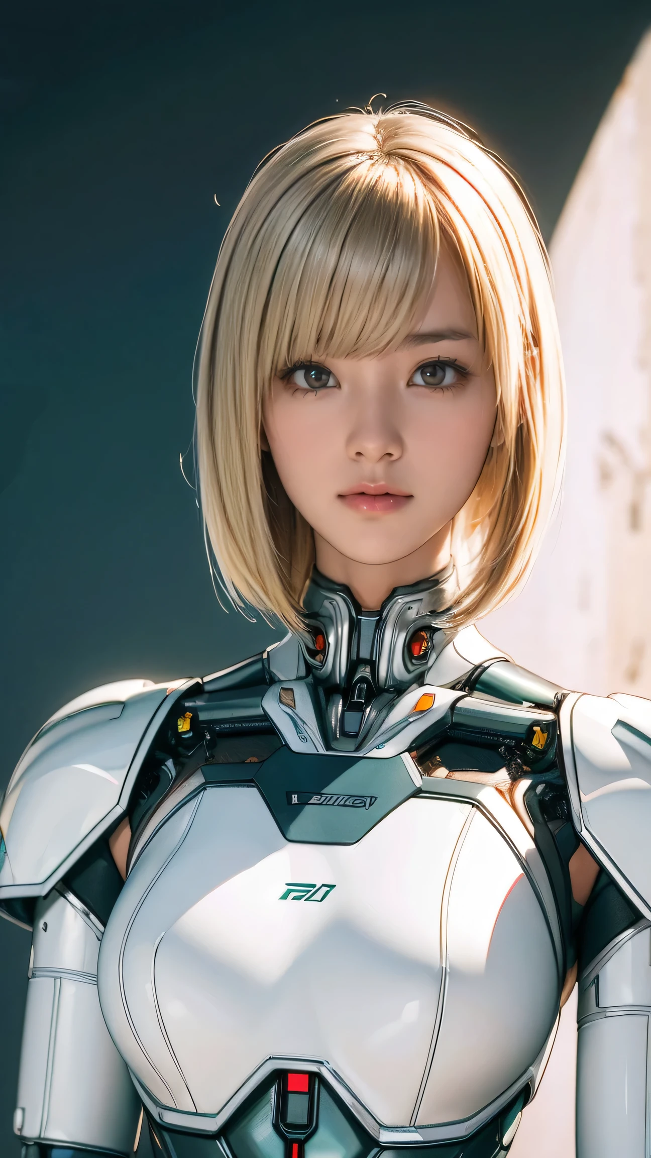 ((Highest quality)), ((masterpiece)), 8K quality, (detailed), High Resolution Skins:1.3, Realistic skin texture, full body, slim, smile, close mouth, Natural Makeup, fluffy short hair, Messy Hair, Asymmetrical bangs, Looking at Viewer, (Upper body from thighs up), sharp focus, Bust B cup, Slim figure, Beautiful eyes in every detail, realistic eye and face details, depth of field, (View from the front), platinum blonde hair, green eyes, A woman in a white robot suit poses on the moon crater, Beautiful half-Caucasian cyborg girl, cute Cyborg Girl, Beautiful Cyborg Girl, Perfect Robot Girl, Cyborg Girl, Young cyborg woman, beautiful Female Robot, beautiful Female Robot, Perfect cyborg woman, Porcelain Cyborg, Female Robot, Beautiful Cyborg Images, (the mechanical parts are visible),  (wires and cables connecting shoulder),