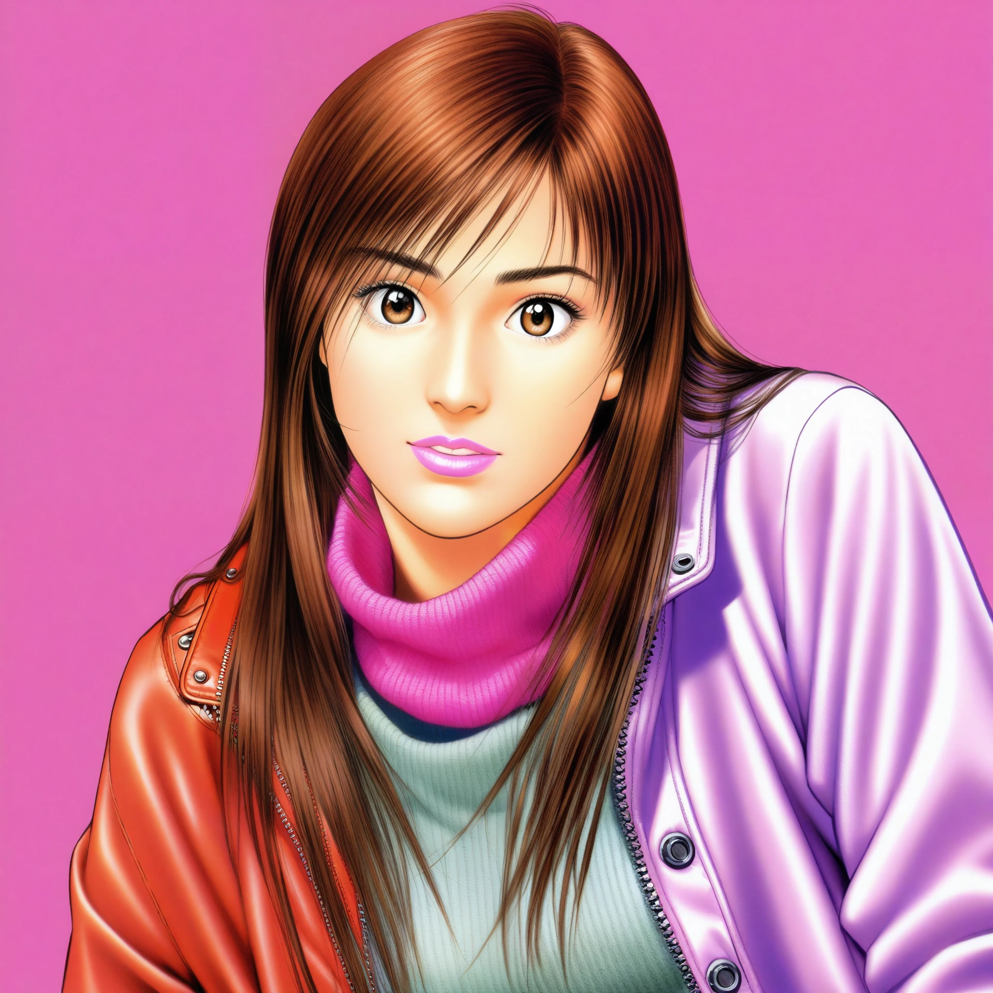 Girl, long straight brown hair, light brown eyes, white skin, glossy pink lips, perfect appearance, sweater, jacket.