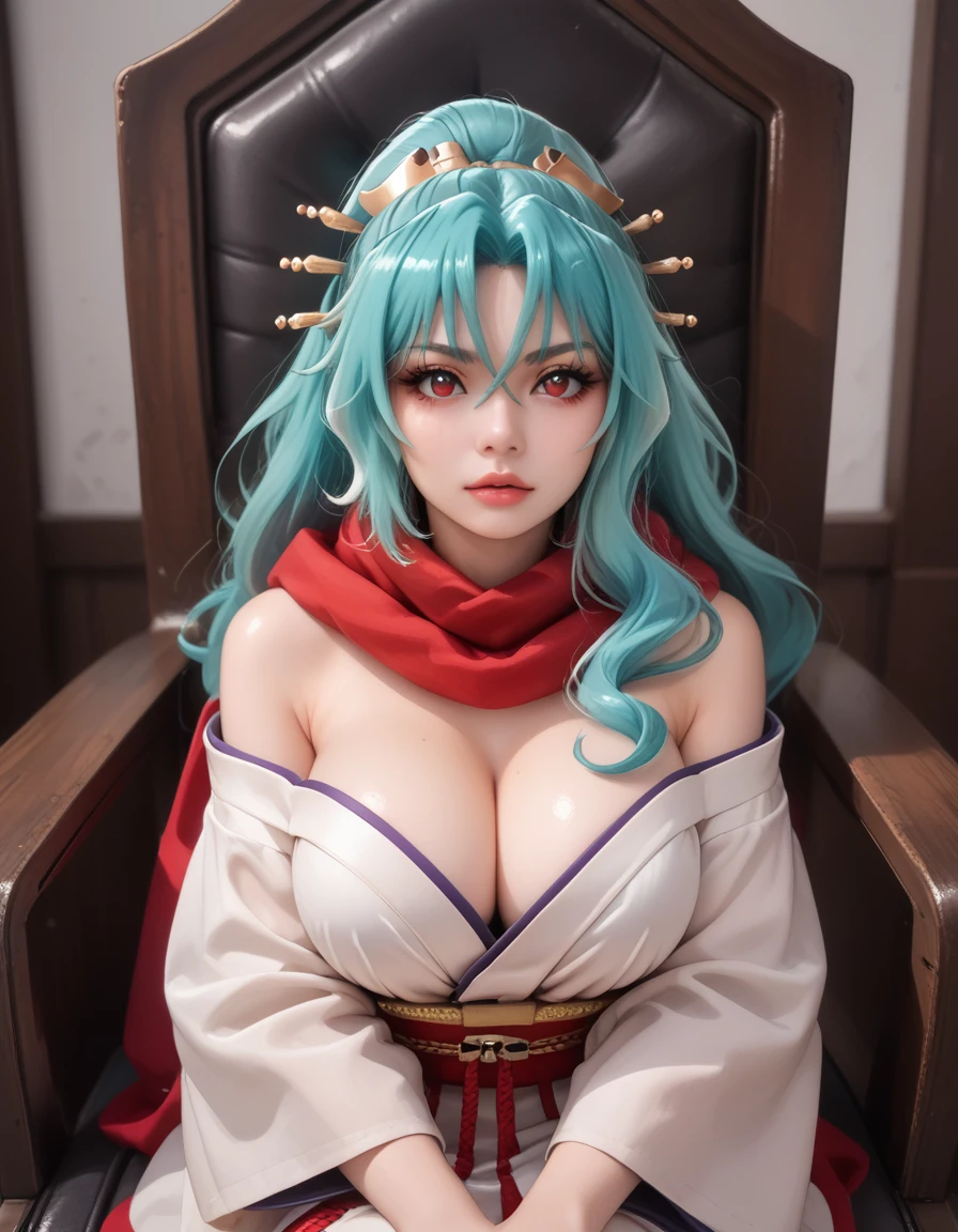 Score_PnyReal,BREAK,1girl, solo, (huge breasts,large breasts:1.2),long eyelashes,thick_lips,(PDXL2:1.5), TOMOE, RED SCARF, KIMONO GREEN, RED EYES, AQUA HAIR ,1girl, sitting high on a throne, regal expression, long elegant hair, tasteful makeup, 