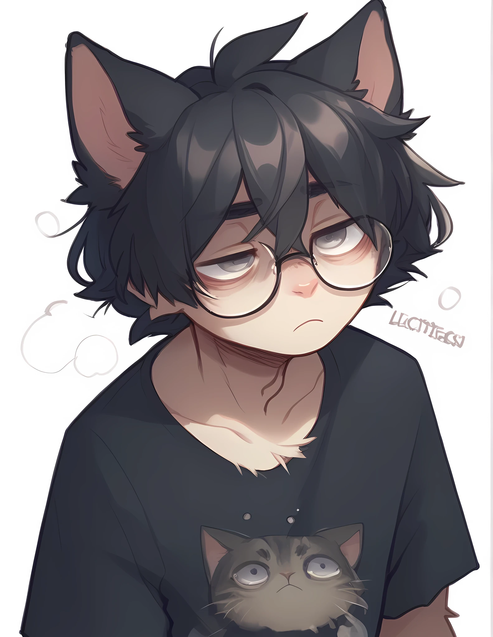 1 boy, alone, ppka, black fur, short hair, messy fur, parts, closed eyes, grey eyes, eyeglasses, lazy eyes, listless, looking sideways, sleepy, black t-shirt with cat logo in it, white background