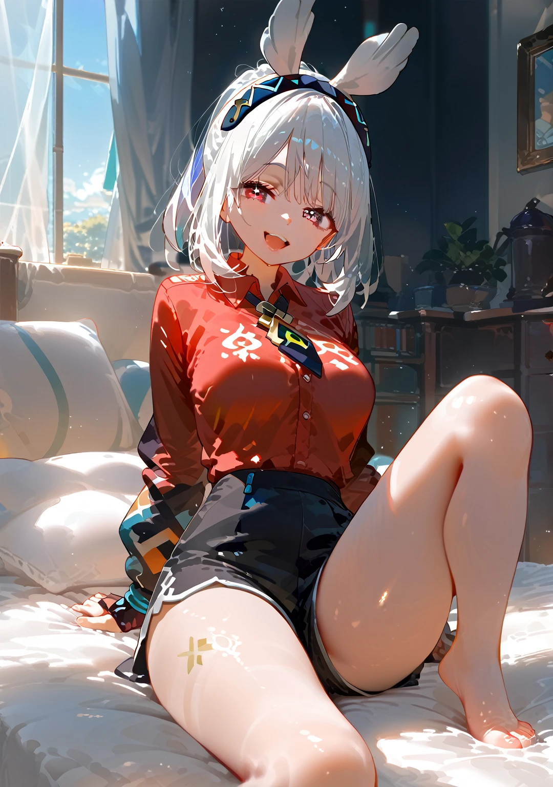 Highest quality, Highest quality, High quality illustrations, masterpiece, Ultra-high resolution, Detailed Background, Absurd, Perfect Anatomy, performance, Good lighting, Shadows in the movies, 1 girl, solo, mualani_\(genshin_impact\), alternate costume, medium breasts, looking at viewer, smile, teeth, open mouth, red shirt, collared shirt, long sleeves, black tie, black shorts, bare legs, sitting, knee up, indoors, curtains, window, on bed, sunlight, day, bedroom, picture frame, pillow, bewitching thighs, gleaming, shiny, shiny skin, shiny outfit, two beautiful legs