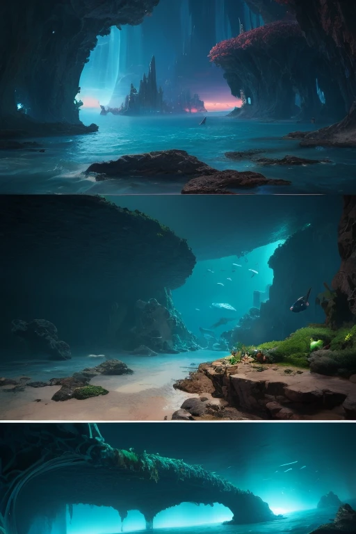 A painting depicting a fantasy world beyond dimensions,Undersea World,Atlantis,science fiction,Upright,Studio Ghibli,Unreal Engine,A magnificent composition,CG digital rendering,,The technique is very detailed,Three-color color matching