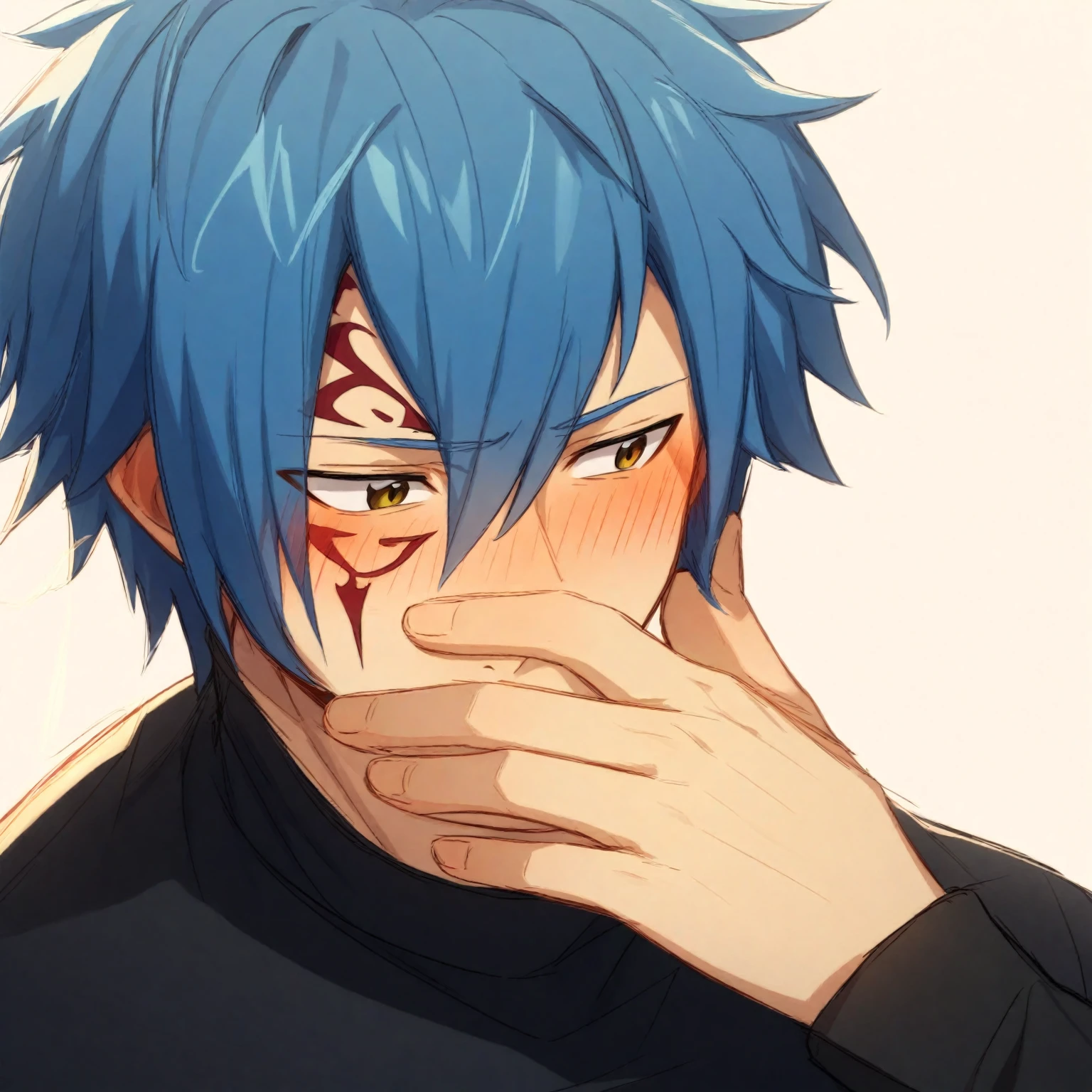 masterpiece, best quality, male focus, jellal fernandes, blue hair, hair between eyes, embarrassed, blush, furrowed brow, black shirt, turtleneck, upper body, close-up, covering own mouth, looking away, simple background