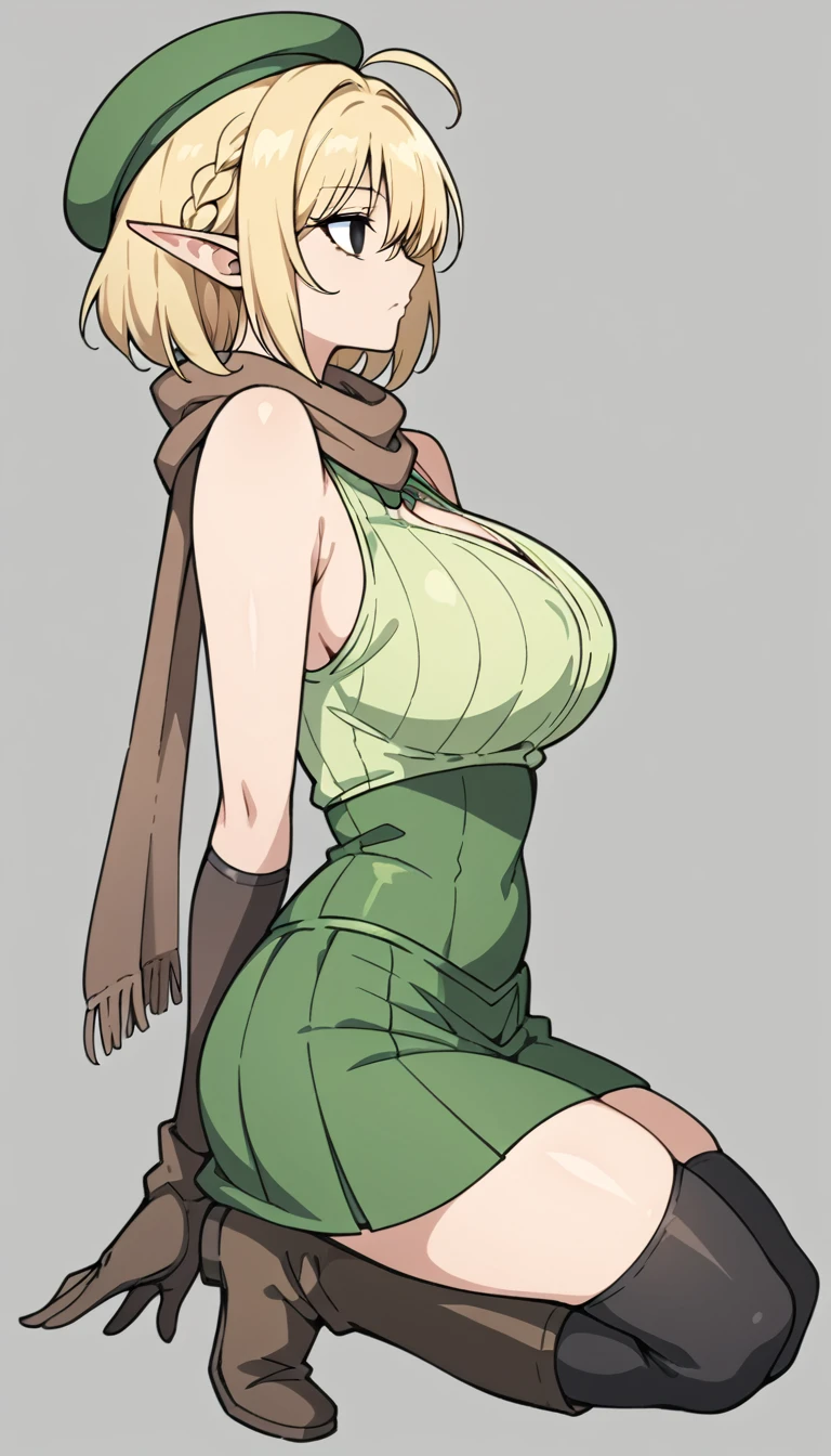 Parisian,1mature woman,elf,Short Hair,twin braids,ahoge,blonde,(slender),Big Breasts,Tall,empty eyes,Black Eyes,brown gloves,Black elbow gloves,((black thigh highs))、Small black beret、Brown scarf、green crop top,sleeveless,green mini skirt,brown knee boots,Thin thighs,isekai,fantasy,full body,From the side、