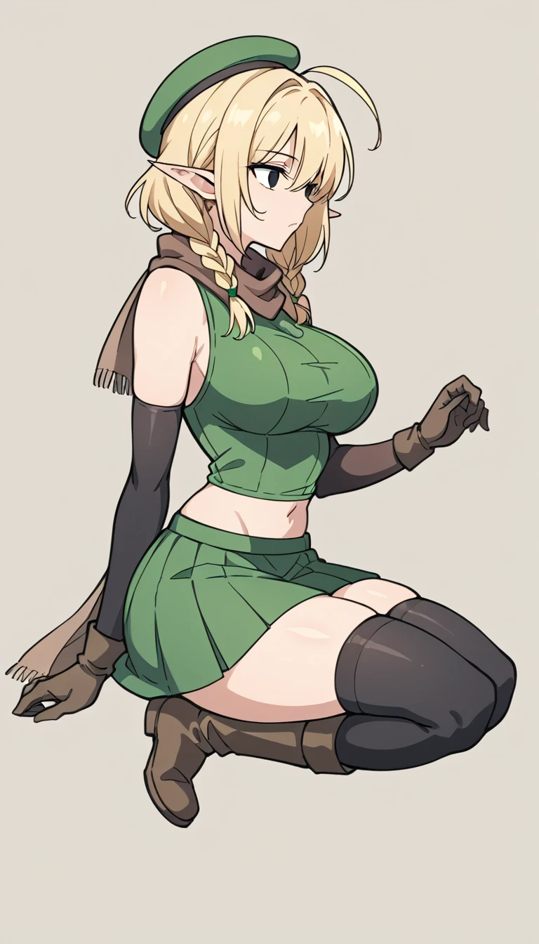 Parisian,1mature woman,elf,Short Hair,twin braids,ahoge,blonde,(slender),Big Breasts,Tall,empty eyes,Black Eyes,brown gloves,Black elbow gloves,((black thigh highs))、Small black beret、Brown scarf、green crop top,sleeveless,green mini skirt,brown knee boots,Thin thighs,isekai,fantasy,full body,From the side、