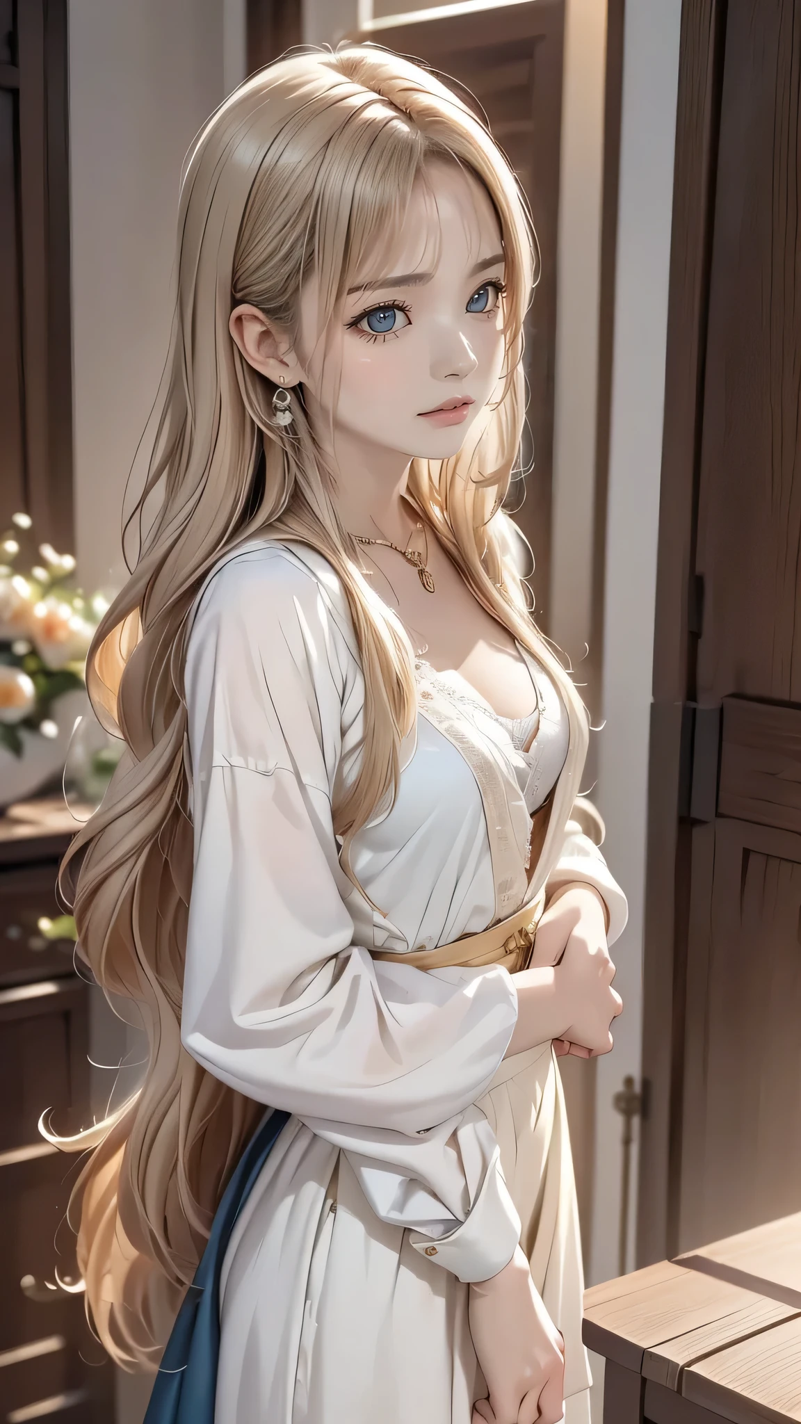 (masterpiece),(top-quality:1.2),1girl in,(masuter piece:1.3),exquisitedetails, Highest quality 8K resolution, Ultra-detailed, Realistic, Vibrant colors, Soft tones, With warm and gentle lighting, Woman standing in room, designed for cozy aesthetics, wide skirt, Styling, With short hair, simple style, Beige, 2 0, Dynamic!!, Cute:2, F / 2 0, Roots and hay coat, lookbook, Vivid), 9, jimin, ( Side ) profile (Smooth straight blonde hair:1.2),(Hair parted in the middle:1.3),(Glowing hair),(Dark blue eyes:1.3),(Hands close to the face:1.4),White skin, hair clips,Small necklace,A gentle feeling overflows,The sun's rays illuminate joy and pure love, Warm golden glow,The atmosphere is full of happiness and laughter, As if celebrating love,Ultra-detailed depiction and vivid colors,A style that combines romanticism and realism,depth of love,color palettes,Create an ethereal atmosphere like a dream,Lighting is soft and diffused,masterpiece artwork