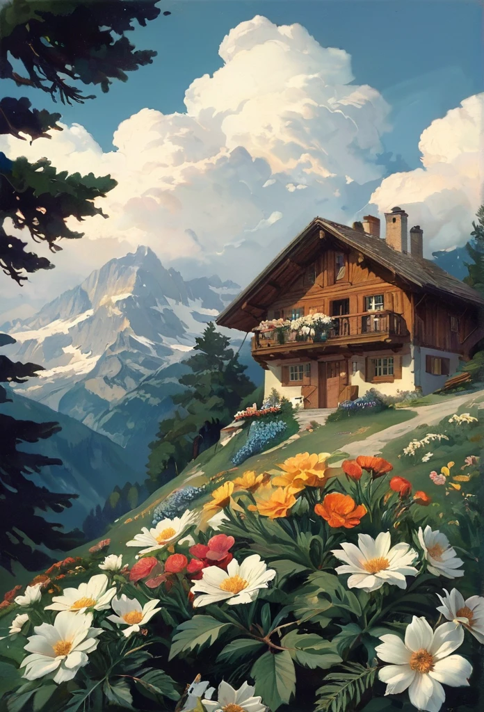 cabin, alps, pine trees, flowers, clouds,