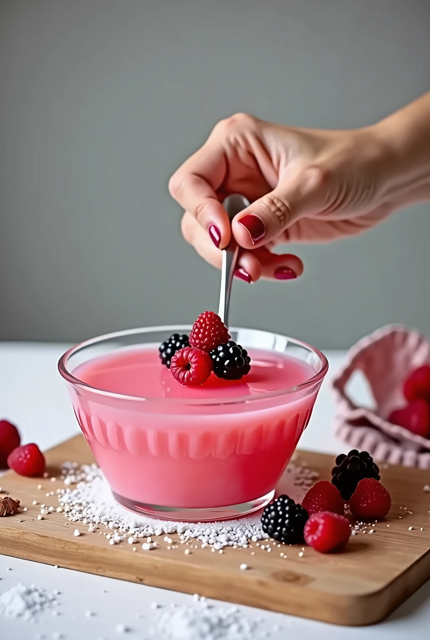 realistic picture. Seen from above, several bowls: in it in a fresh raspberries, in the other sliced lemons, in another some sugar and in a small glass jug next to it rose water and in the second small glass jug water.