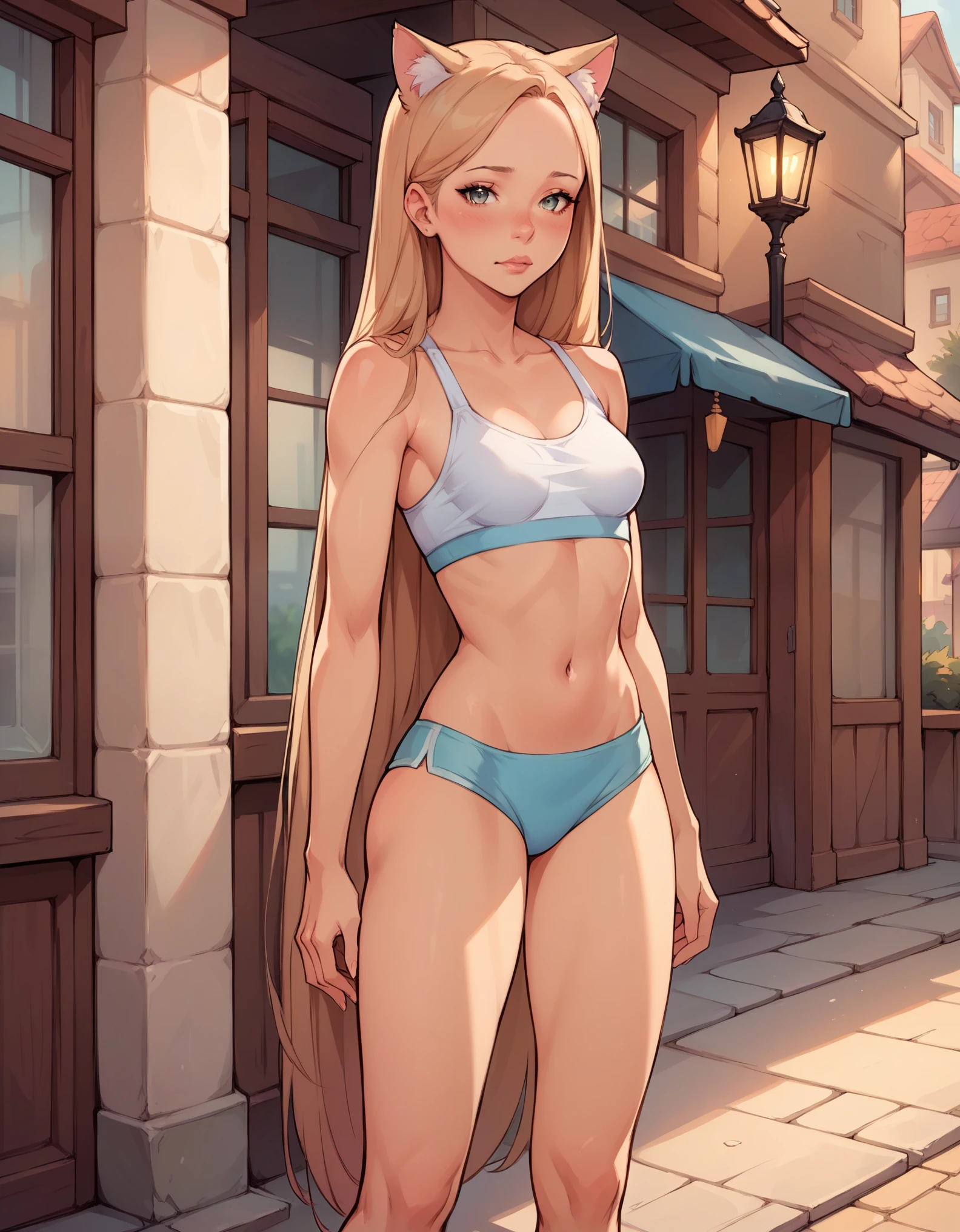 score_9, score_8_up, score_7_up, score_6_up, solo, shy, Standing at attention, very long straight hair, Young girl, Beautiful Finger, Beautiful long legs, Beautiful body, perfect eyes, expressive eyes, looking at viewer, 16k wallpaper, masterpiece, (Beautiful small Breasts:1.2), (slender girl), (on the street in small town:1.1), summer day, sexy clothes, the hair is styled in the form of cat ears