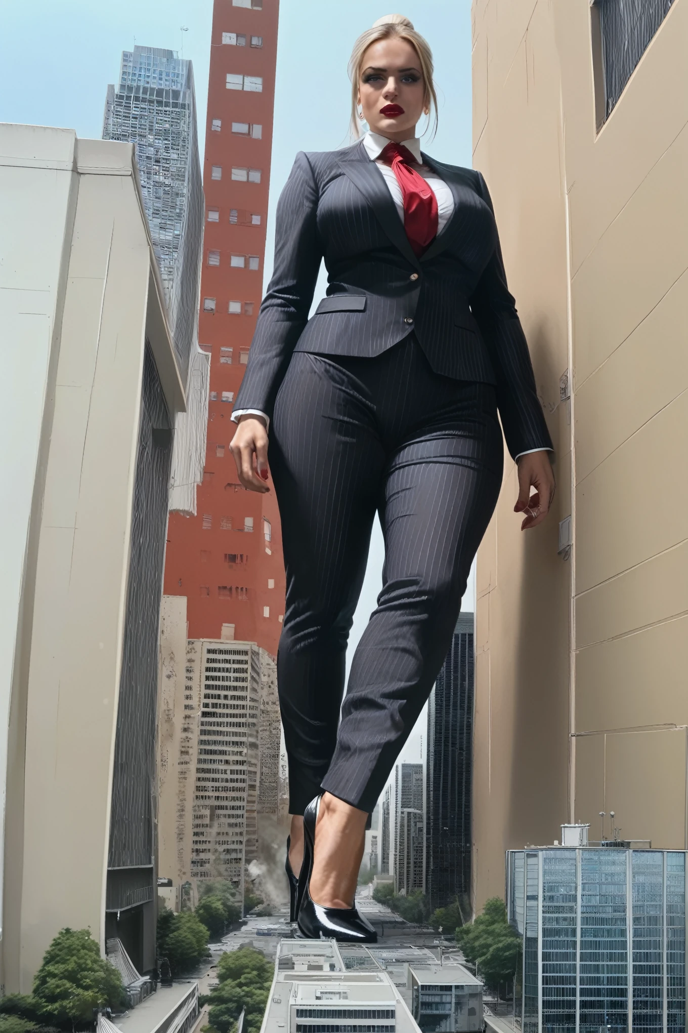 A beautiful giantess woman with blonde hair in a ponytail and red lips, wearing a perfectly fitted grey pinstriped suit and blazer with a large blade width and massive Windsor knot crimson red tie, a crisp white blouse, and black patent Louboutin high heels, stands in a massive city, towering over the skyscrapers at her feet. Her large breasts and curvy figure are prominently featured. She has a confident, slightly annoyed expression as she surveys the tiny destroyed city beneath her. The scene is captured from a high altitude with a cinematic lighting, creating a photorealistic and highly detailed illustration.