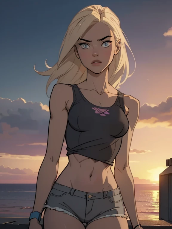 1gir, , cute, teenage girl, young girl, tweened, young body, slender body, blonde hair, wearing pink shorts, dark grey tank top, , looking at viewer, beautiful detail eyes, beautiful detail lips, small breasts, tight butt, thighs, dramatic lighting, cinematic composition,. Sun setting on the horizon, flying 