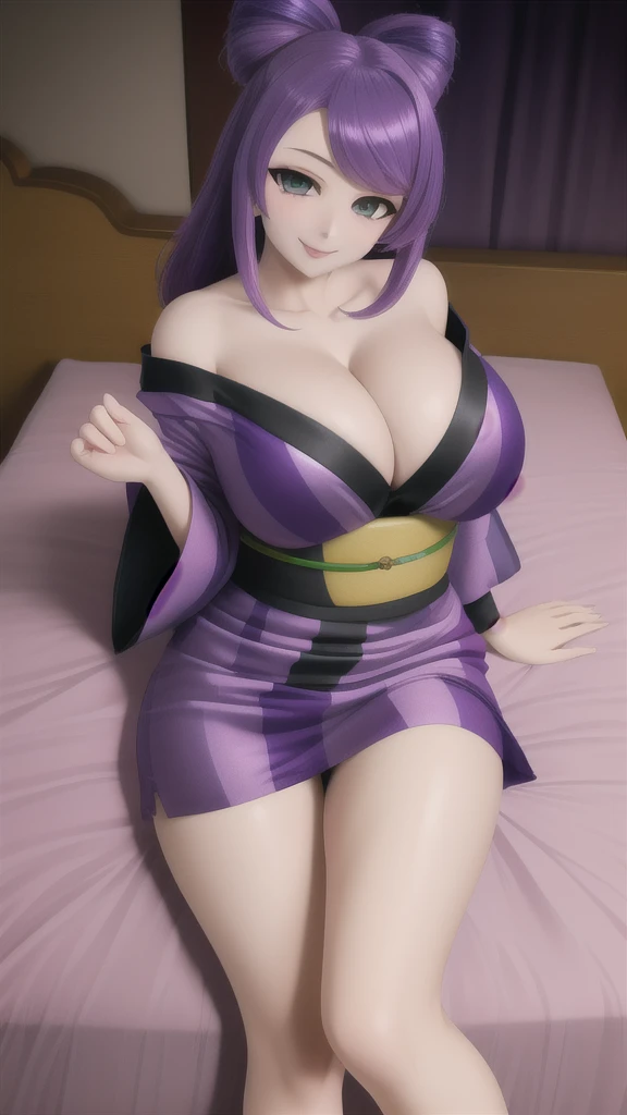  Erotic、Pokemon Mimosa、Purple Hair、Big Breasts, Alone,teacher,Purple open yukata　Off the shoulder、 Hotel Bed、Bedroom at night、 Best Quality, Detailed face, Detailed eyes, High resolution,、Evil female executive、Wicked Smile、Cleavage、Sexy pose、Fallen into evil、Fall into Darkness、Dark Side、excited、lure