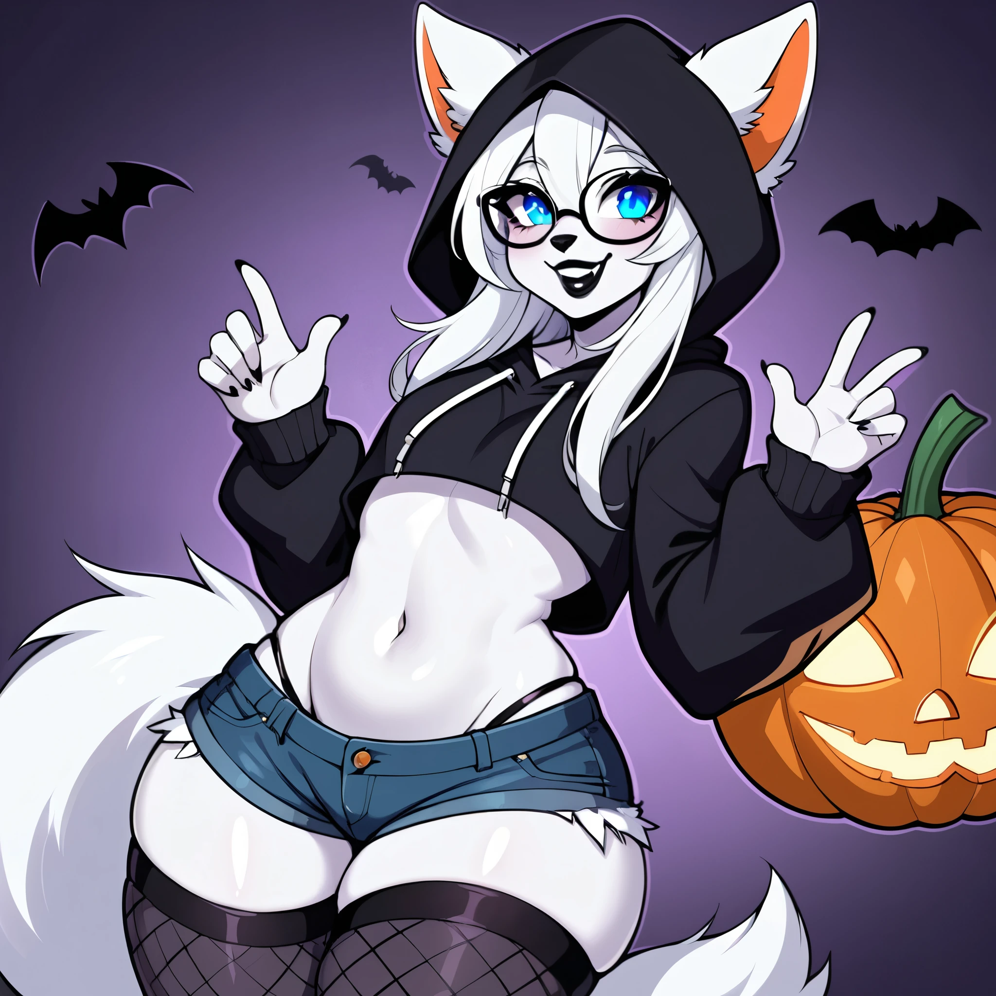 a cute adult male with wolf ears, long white hair, long locks, has a wolf tail, wearing a cute halloween hoodie, wearing denim furry short shorts and fishnet stockings, thick thighs, wide hips, short, very slim, showing slender tummy, squishy thighs, has glowing blue eyes. alone, solo (ALONE)(SOLO), halloween themed, halloween backround, happy, spiders, purple and orange, wearing black lipstick, wearing glasses, surrounded by halloween styled plushies