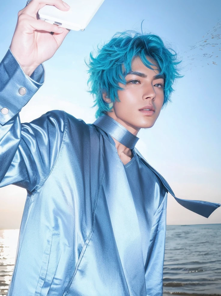 there is a man with blue hair and a blue jacket standing in front of flowers, pose de anime bonito, arte oficial, trending on artstation pixiv, Trend in CGTacing:, Melhor Avaliado em Pixiv, capa de anime, Kentaro Miura Arte, cara de anime alto com olhos azuis, cara bonito na arte demon slayer, por Yang J, arte oficial altamente detalhada