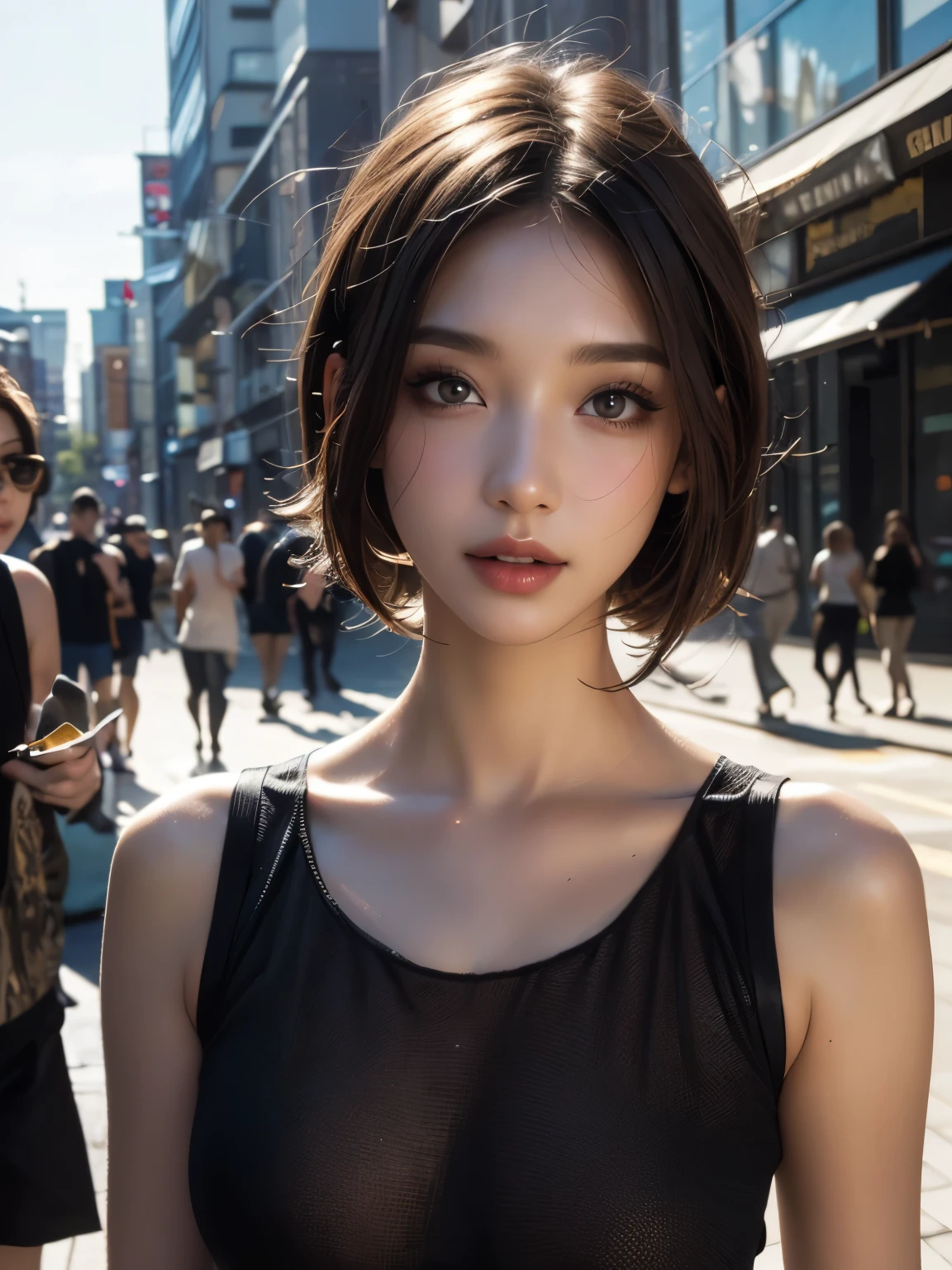 beautiful girl, bust, Bright red messy short hair, black eye shadow, (street style wear:1.2), (city background:1.2), dark makeup, The art of math, Popular topics on Artstation, highly detailed, fine details, complex, beautiful detailed glow, detailed, Light, high resolution, detailed facial features,sharp focus, Light Slippery, aesthetic,