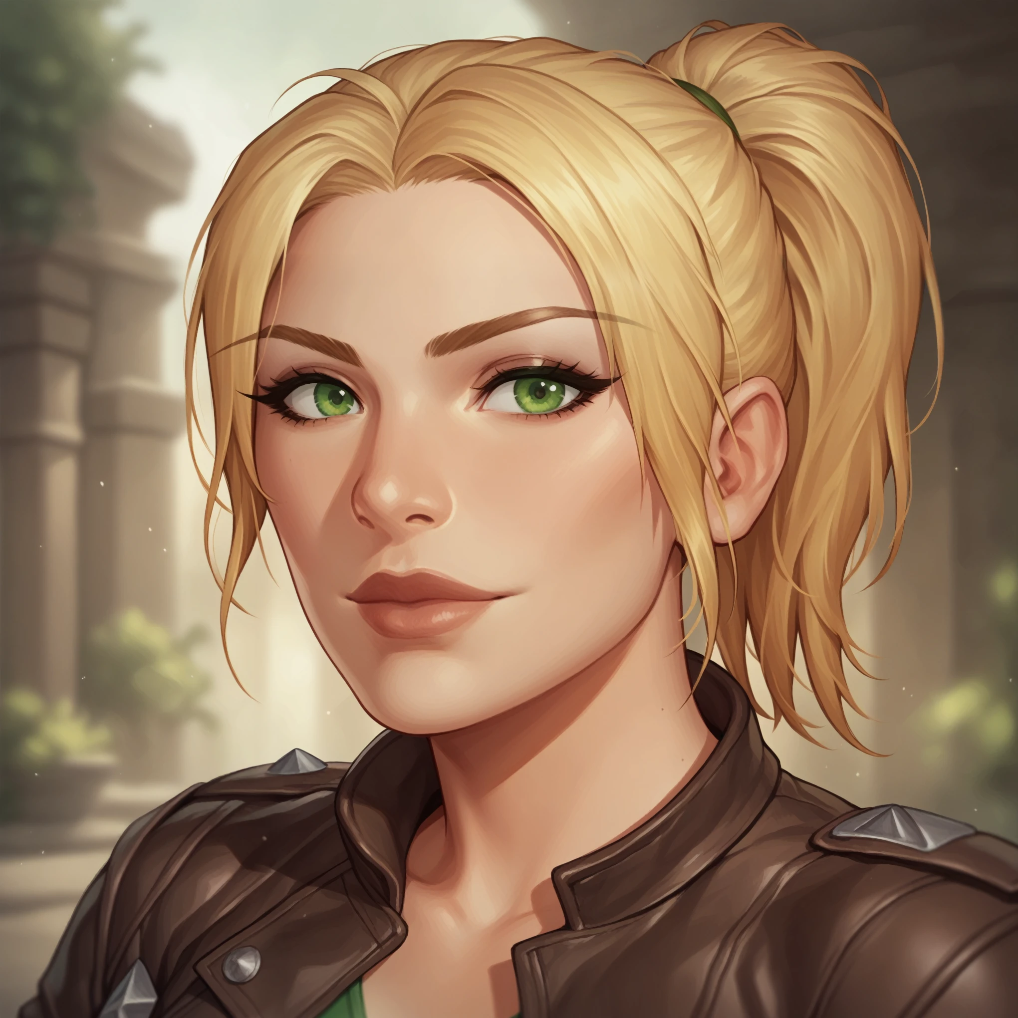 (((beautiful, high quality, comics style, detailed face))), score_9, score_8_up, score_7_up, BREAK, cowboy shot, solo, straight-on, solo, rogue female mercenary, leather jacket, blonde, ponytail, bangs, small, sexy body, looking at viewer, standing, fantasy background, blurred background, Expressiveh, detailxl