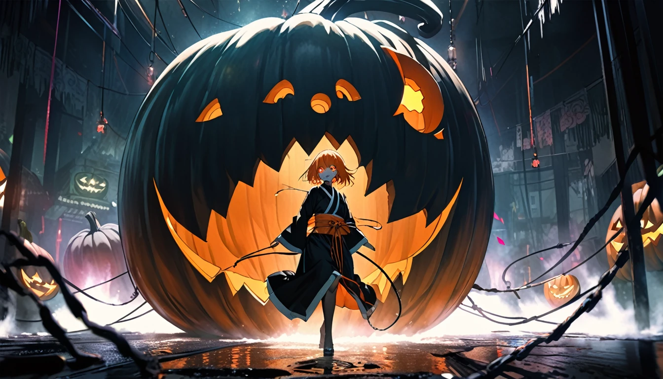 to-ka( tokyo ghoul ), ishida sui, water color, amazing, detailed glowing orange eyes, orange and black clothes, half cyborg body, studio lighting, cyberpunk, young girl, orange hair, orange eyes, killer machine, foggy atsmophere, summoning a gigantic ghostly pumpkin from the ground . The scene captures the moment of emergence with dynamic energy and intensity . The summoner stands with arms outstretched, her expression fierce and determined, as the ghostly pumpkin bursts forth, surrounded by an eerie, fantastical aura., Toyko Ghoul, BREAK Highest Quality, Highest Resolution, Detailed and crisp image quality, Super Retina, Adult sex appeal, melancholy, Feeling of weakness, Detailed and complex, Colorful, Transparent full color coating, Light and Dark, High Contrast, aesthetic, Full Body Shot, dynamic pose, 16K((ultra-detailed)), (humid room), (roped attaching to collar:1.2), extreme detailed, colorful, highest detailed, waki kimono odori, shout, helloween night carnival